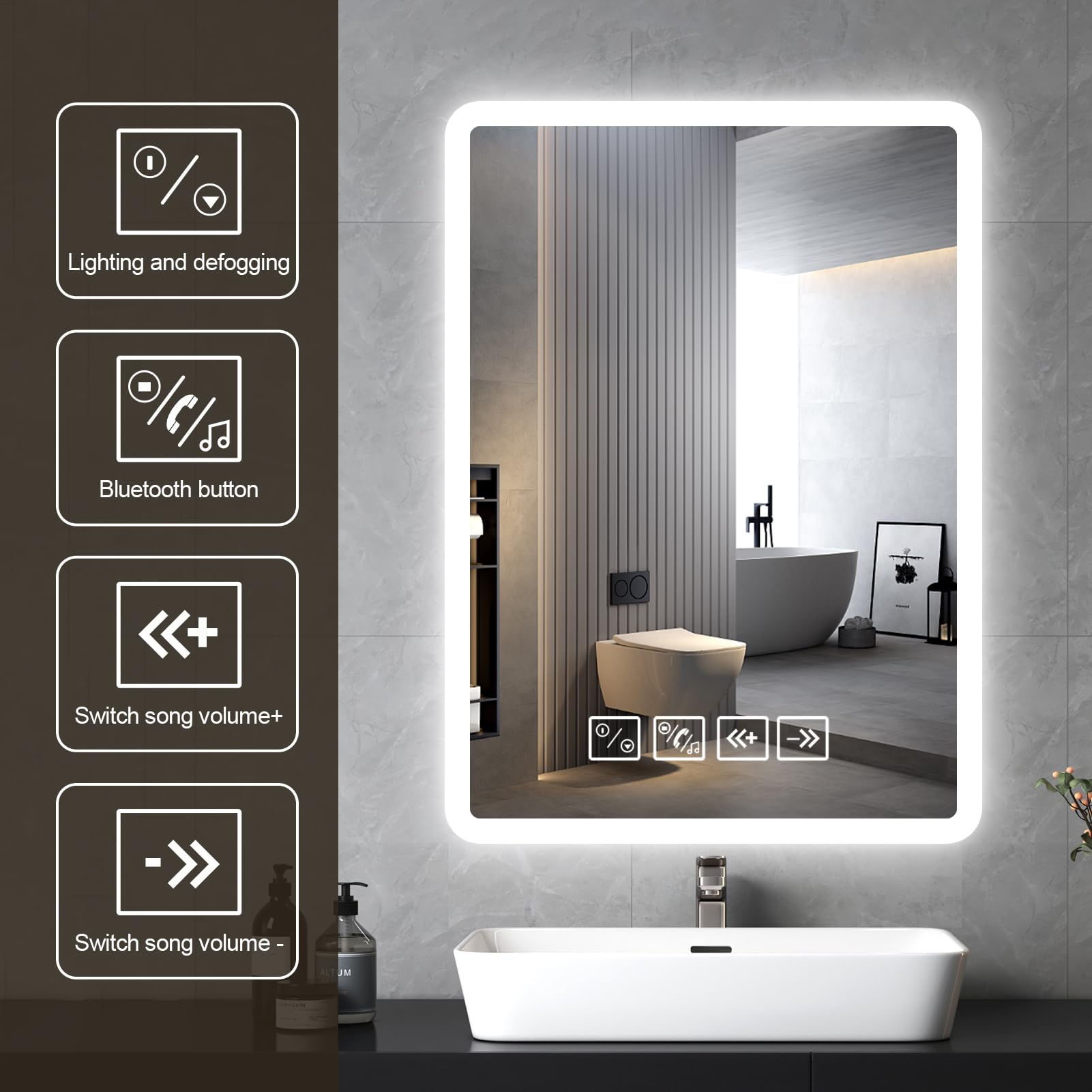 Bluetooth Specchio Bagno con Luce 50 x 70 cm,Specchio Bagno LED con Antiappannamento,Specchiera da Bagn𝐨 c𝐨n Dimmerabile,3 Colori Luce,Interruttore Touch,Funzione Memoria