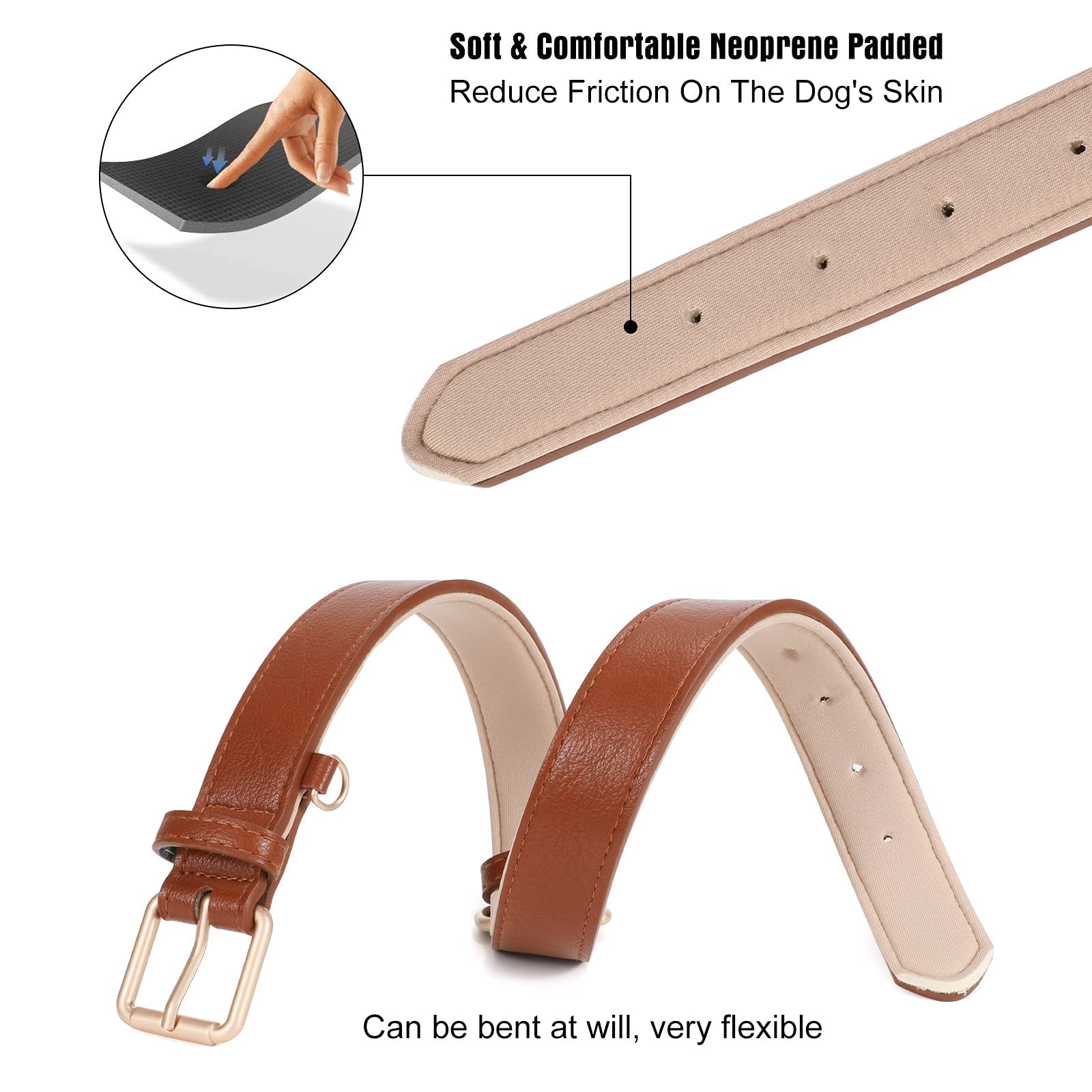 Leather Dog Collar Adjustable Soft Leather Padded Collar Heavy Duty for Small Medium Large Size Dogs with Alloy Buckle(Brown,M) - Image 2