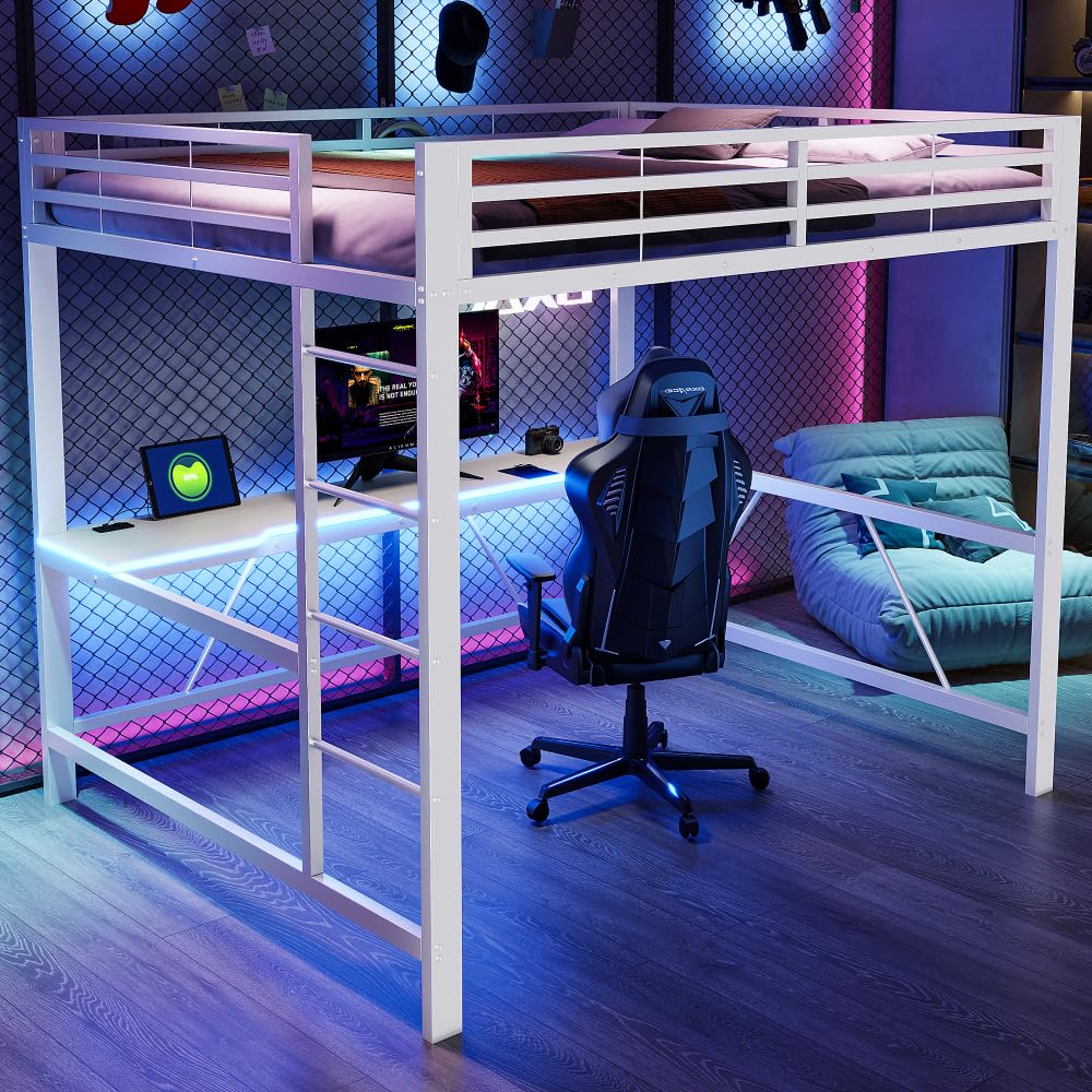Letto a soppalco 160x200 con striscia led,USB,letto a castello bambini con scrivania Salvaspazio,rete letto in metallo da gioco con sponda,Senza materasso,atto a camere da letto,ecc(Bianco)