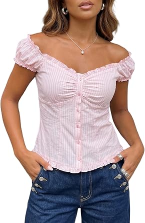 Women Puff Sleeve Cute Babydoll Tops Y2k Ruffle V-Neck Button Down Fitted Coquette T-Shirt Preppy Clothes