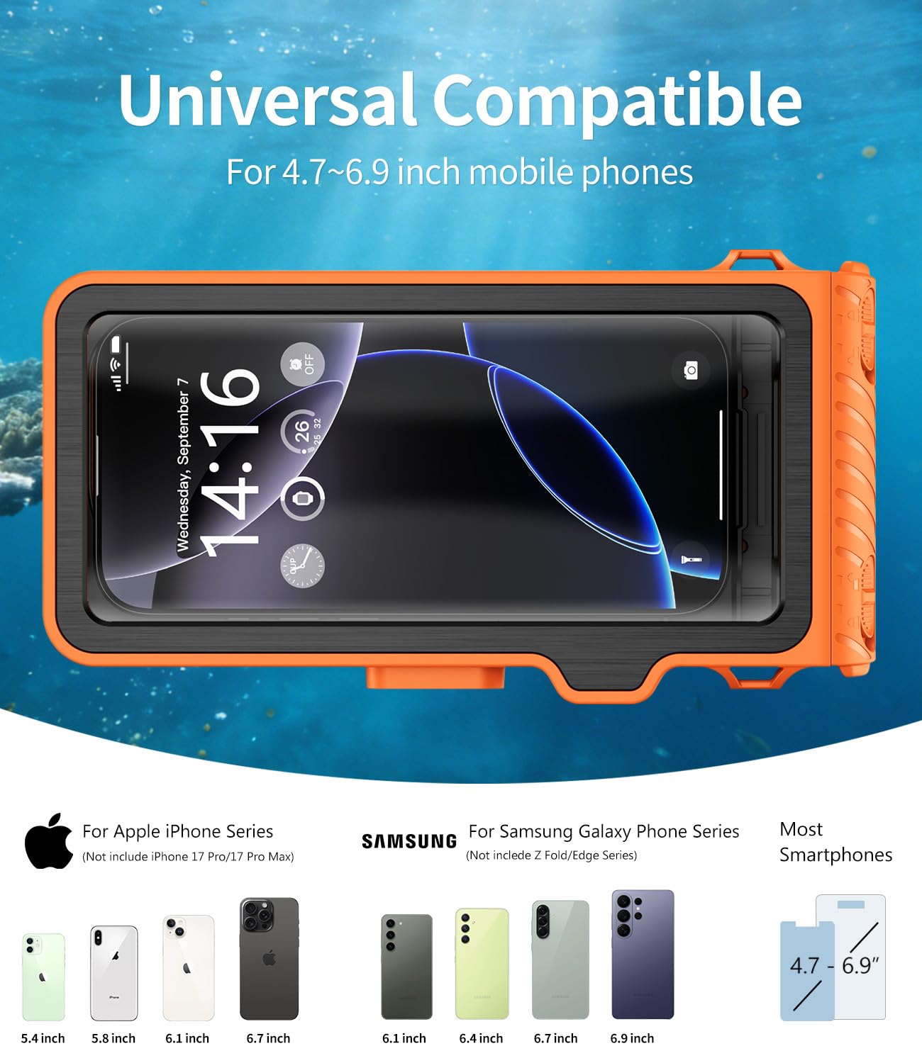 Funda impermeable de buceo, pantalla táctil subacuática para natación, esnórquel, funda universal subacuática para iPhone Galaxy Xiaomi Series todos los teléfonos inteligentes (naranja)