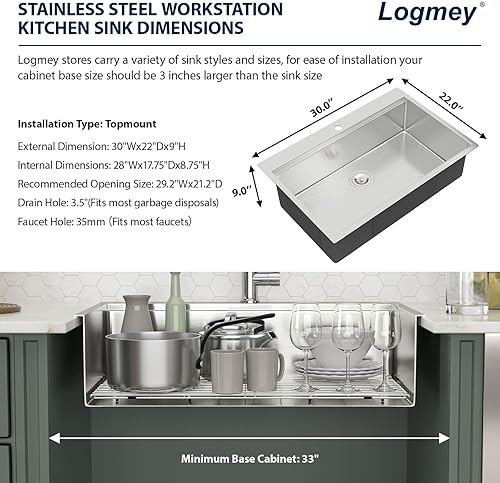 Vista 217 de Logmey Fregadero de cocina negro de 33 x 22 pulgadas, estación de trabajo SUS304, calibre 16, acero inoxidable, cuenco individual, montaje superior