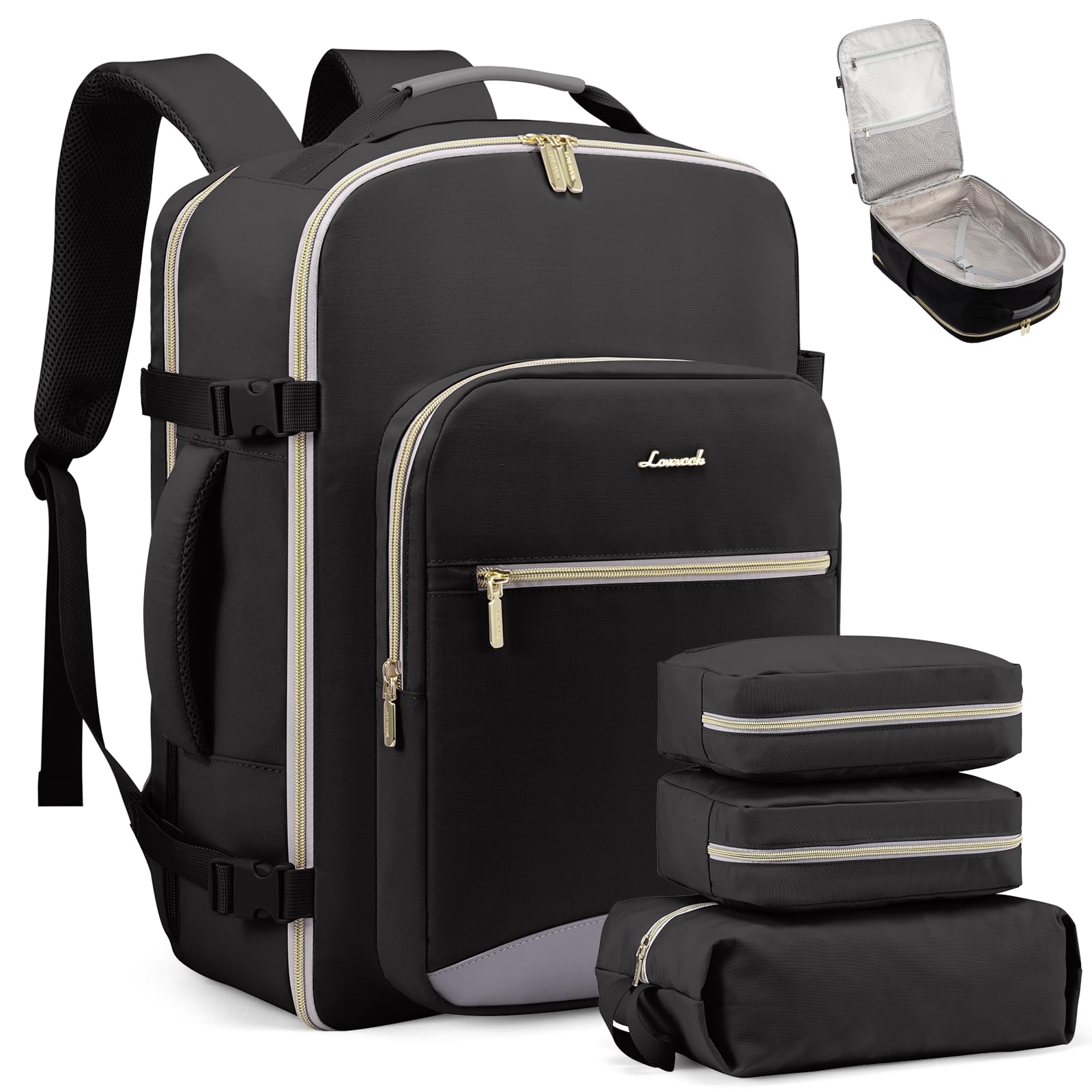 LOVEVOOK 50L Travel Backpack Flight Approved Carry on Backpack,3 Packing Cubes,Waterproof Personal Item Travel Bag,TSA Carry on Luggage Suitcase Travel Essentials,Gifts for Women &amp; Men,fits 18" Laptop