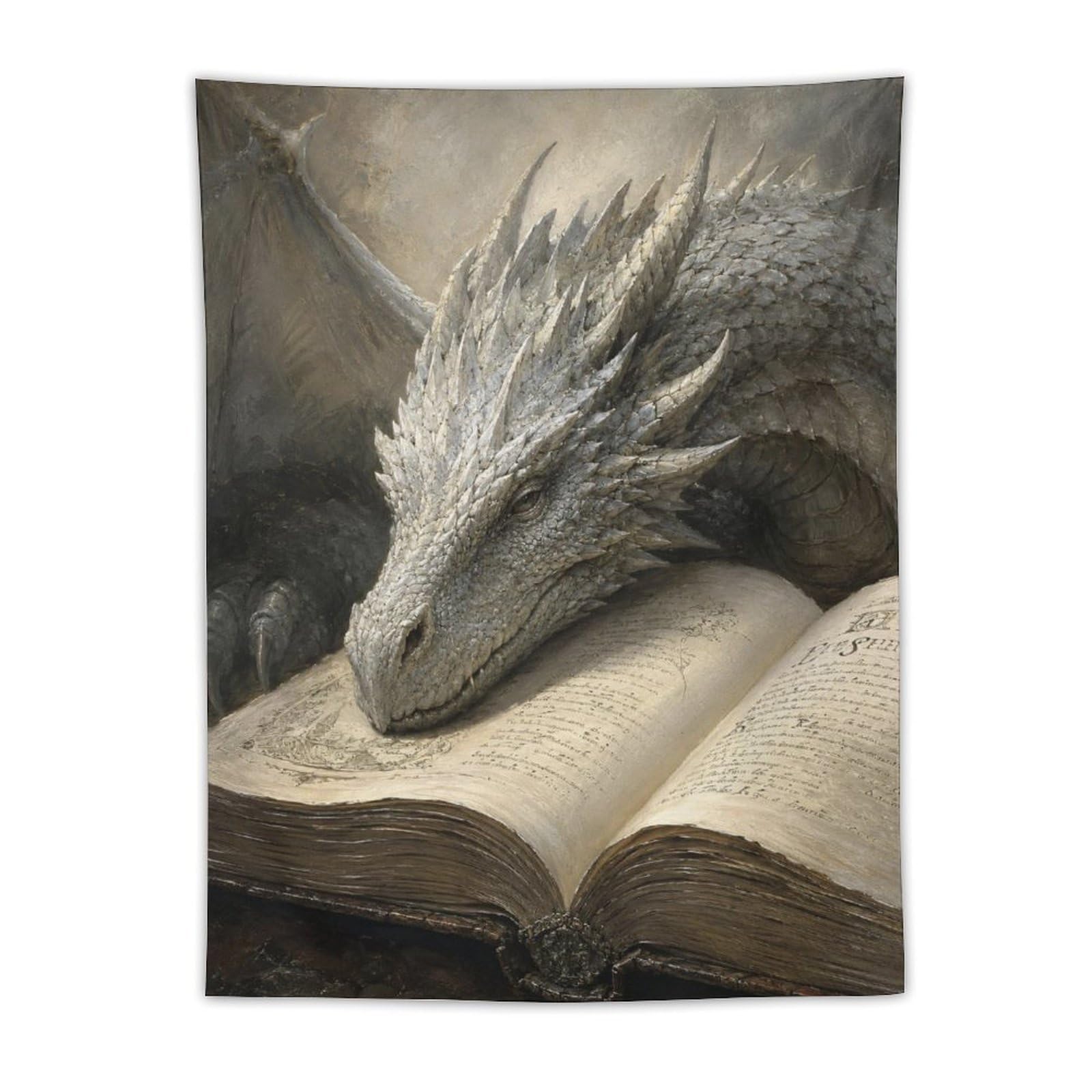 W7C8U2X3 Silver Dragon Resting on Open Book Wall Tapestry, Moonlit Stage
