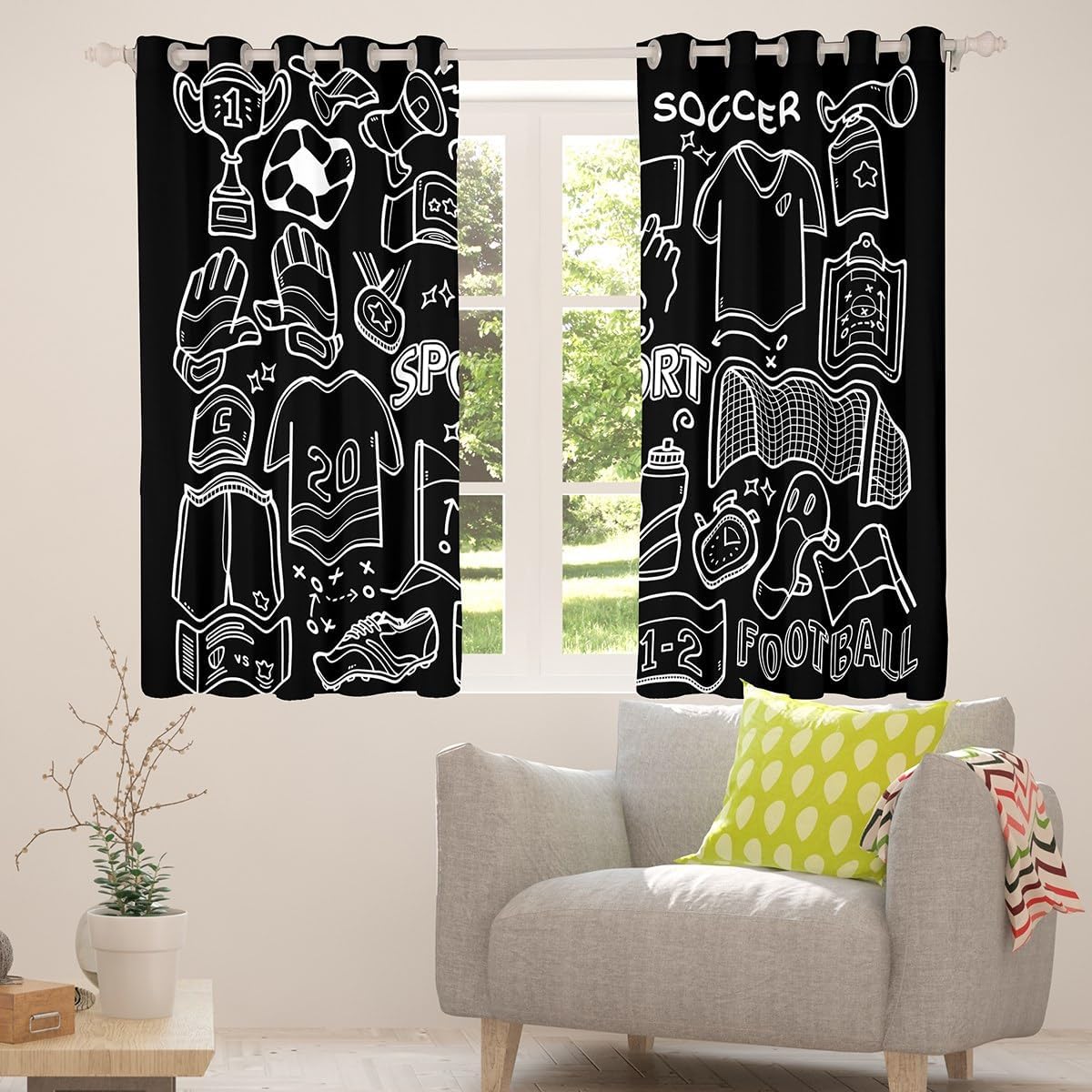 Castle Fairy Football Curtains for Living Room,Coccer Field Sports Games Window Drapes Bedroom Blackout 30%-50%,Black White Graffiti Window Treatment Grommet Top 2 Panels Decor,38Wx45L