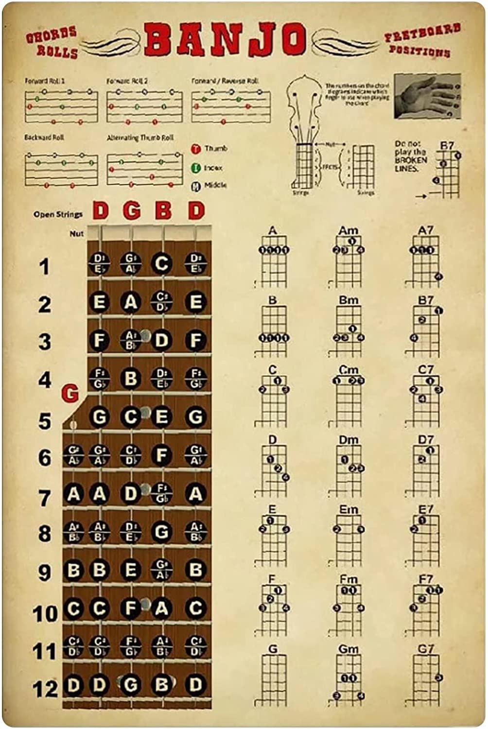 Fwjzdsp Chords Rolls Banjo Fretboard Positions Banjo Knowledge Metal Tin Signs Wall Deecor Posters Banjo Beginner's Guide Plaques Music Studio Home Club Art 12X16 Inches
