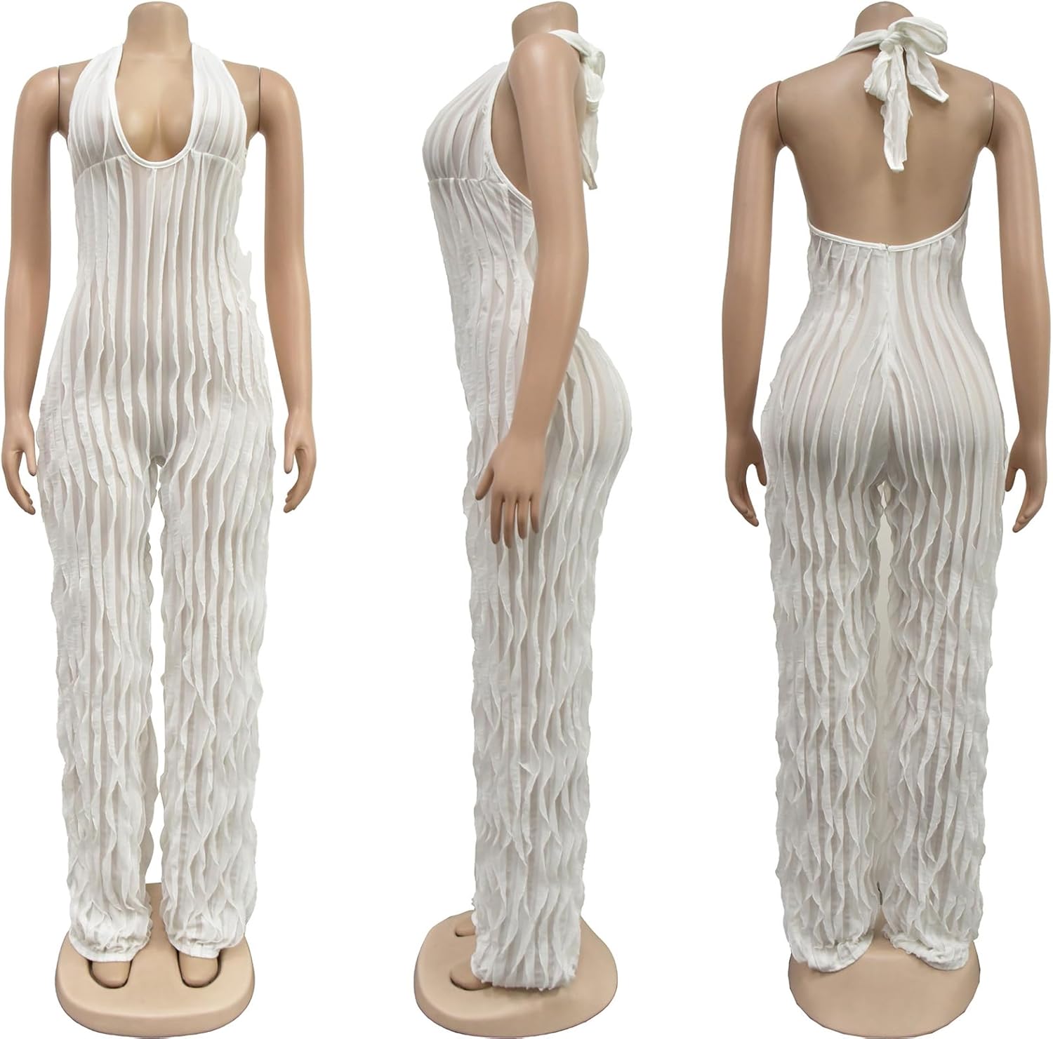 YBSKG Summer Halter Backless Jumpsuits for Women Sexy See Through V Neck Tie Pleated One Piece Wide Leg Long Pants Romper