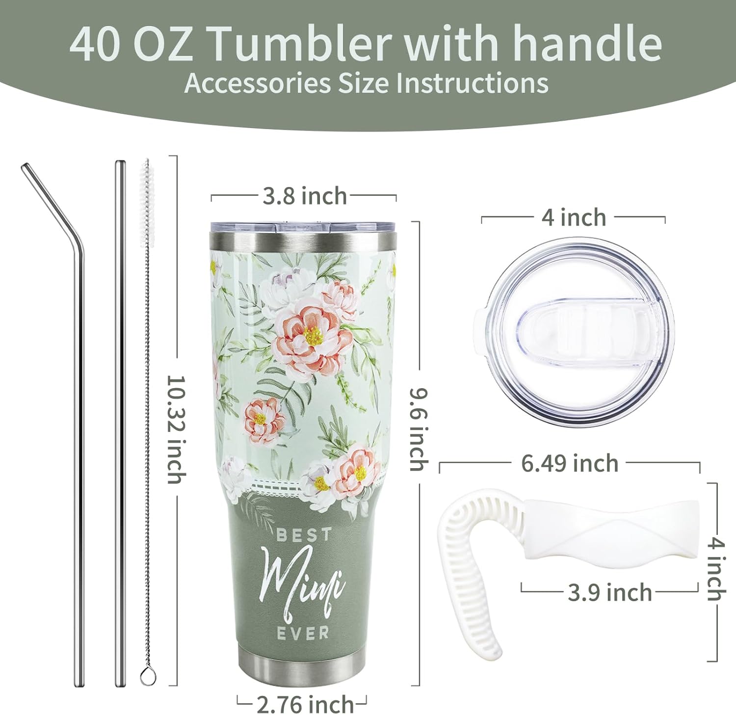 Mimi Tumbler 40oz, Mimi Cup Coffee Mug Tumbler with Handle and Straw, Mimi Gifts from Grandchildren, Mimi Gifts for Mimi Birthday Mothers Day Christmas Anniversary, Best Mimi Ever,Sage Green Floral - Image 5