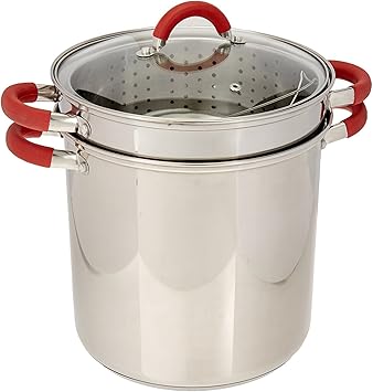 ExcelSteel 8 Qt Multifunction Stainless Steel Pasta Cooker with Encapsulated Base, Vented Glass Lid, and Riveted Silicone Covered Handles