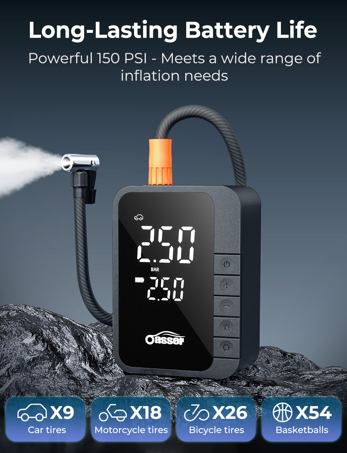 Oasser Gonfleur Pneus Voiture sans Fil 6000mAh Mini Compresseur à Air Portatif 150 PSI (10,3 Bar) Inflation Rapide Cylindre 19 mm Type-C USB Charge avec Tuyau de 30 cm et Sac de Rangement
