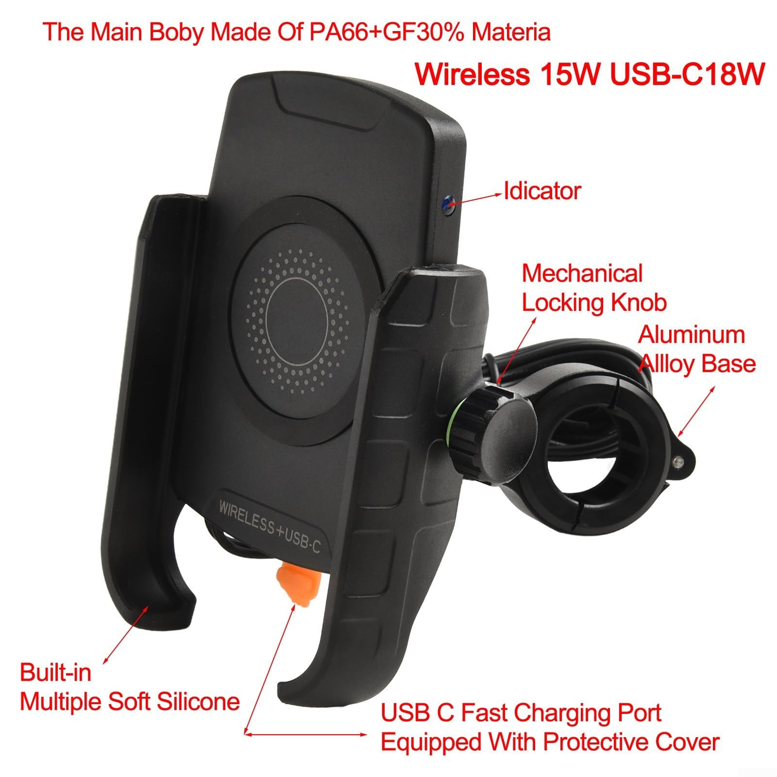 Caricatore wireless per moto 15 W Supporto per telefono Ricarica rapida USB-C Staffa impermeabile antivibrante per telefoni da 3,5-6,5 pollici