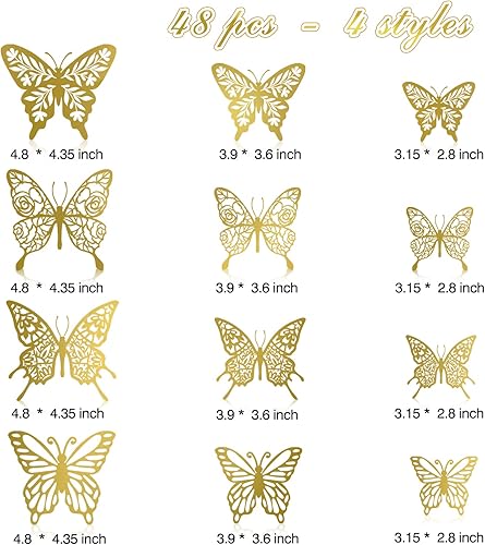 Miniatura 2 de Calcomanías de mariposa dorada de Navidad, 48 unidades, 3 tamaños, 4 estilos, decoraciones de fiesta de mariposa, globos, decoraciones de pastel de