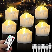 Pack of 6 LED Tea Lights Rechargeable with Remote Control, Timer Function, Warm White Flameless Electric Candles - USB Rechargeable for Home Decoration, Wedding, Christmas, Halloween