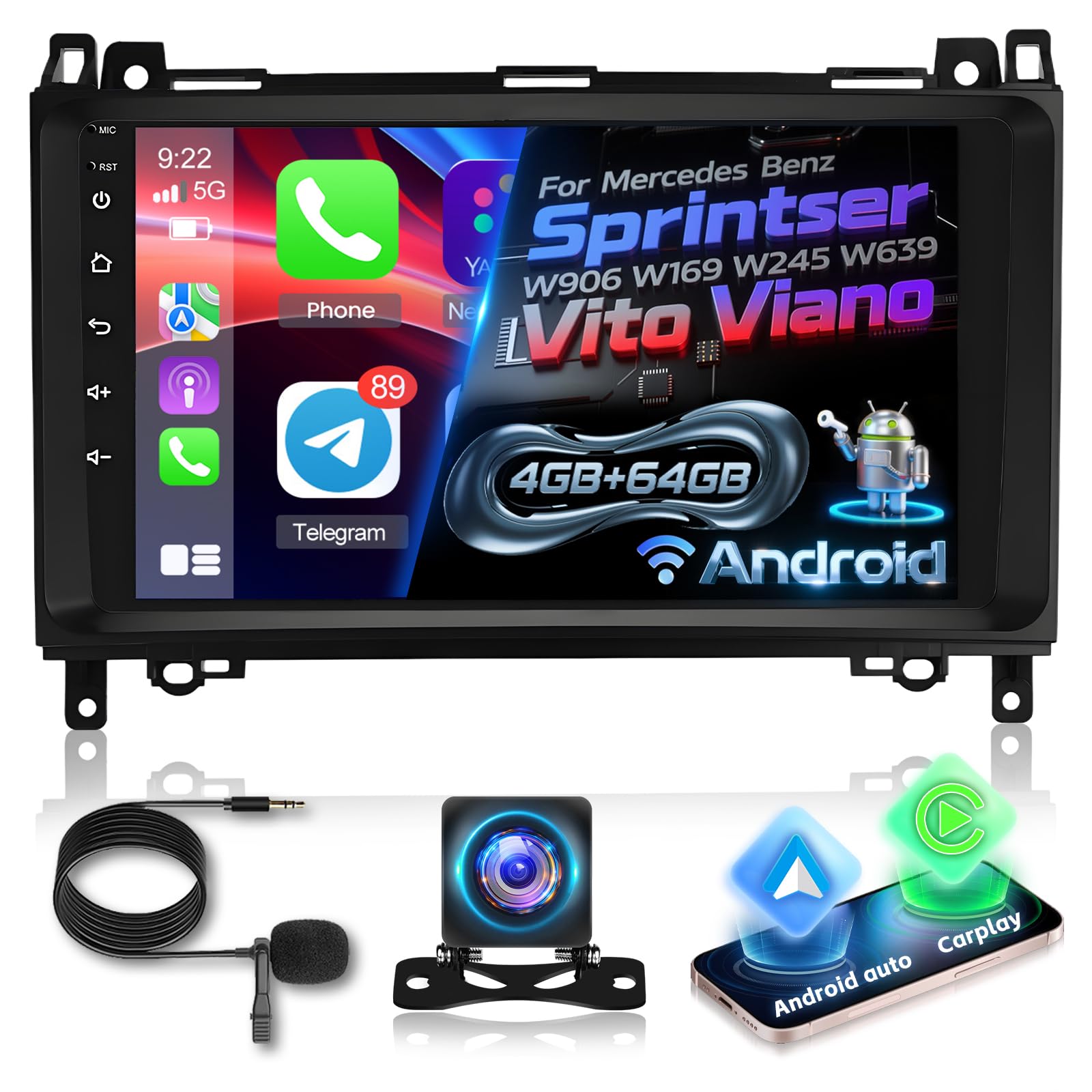 4G+64G Android Autoradio für Mercedes Benz Sprinter W906 W169 W245 W639 Vito Viano 2006-2011 mit Wireless Carplay & Android Auto, 9-Zoll Touchscreen mit GPS, WiFi, 32EQ, Bluetooth 5.0, FM/RDS Radio