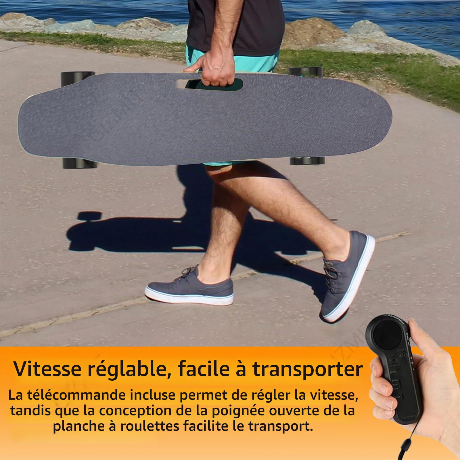 Skateboard électrique 24 km/h, Longboard électrique, autonomie de 13 km, Moteur sans balais 450 W avec télécommande sans Fil, Plateau en érable 7 Plis