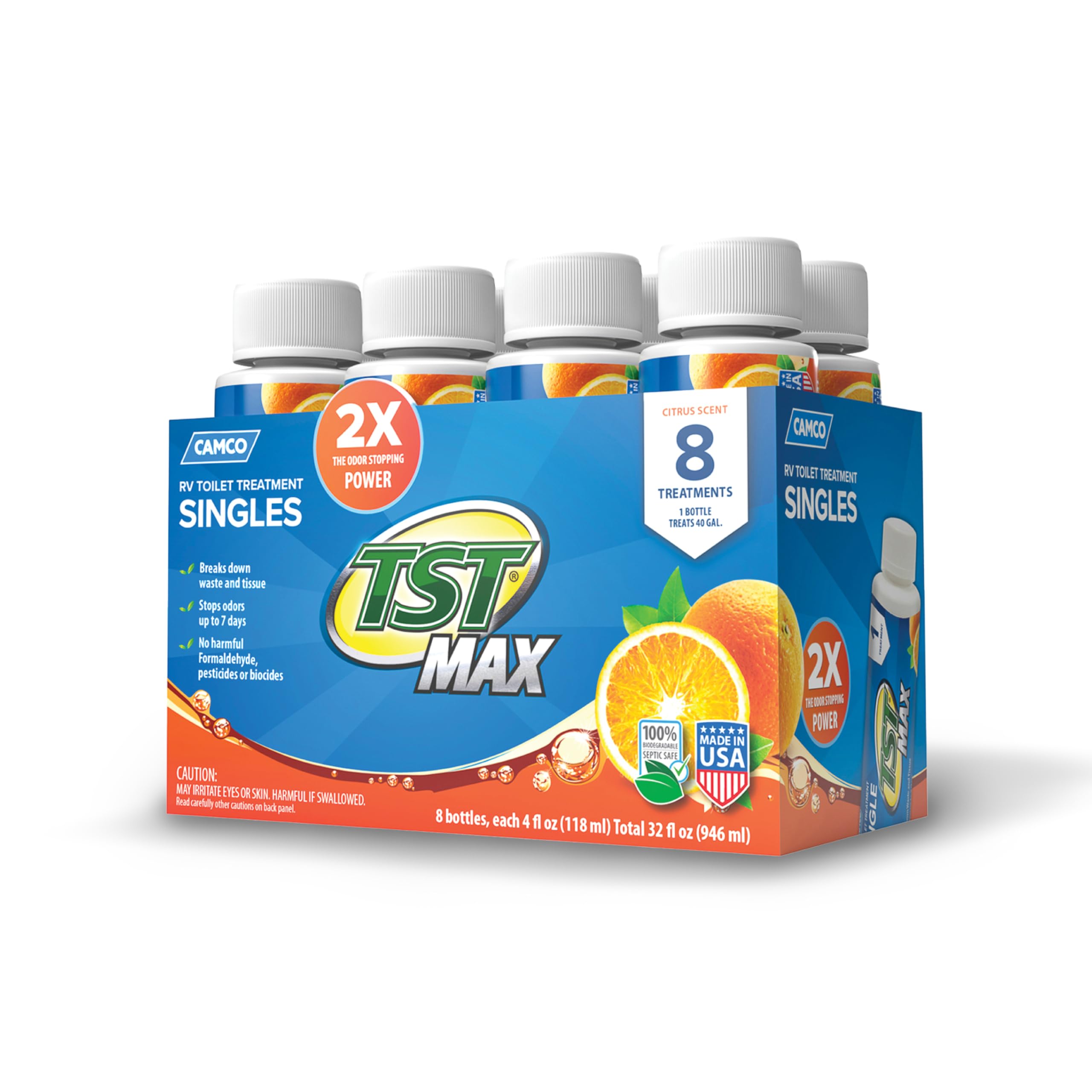 Camco TST MAX - Tratamiento de inodoro para caravana, sin formaldehído, descompone residuos y tejidos, seguro para tanque séptico, trata tanques de retención de hasta 8 a 40 galones, aroma naranja, (8