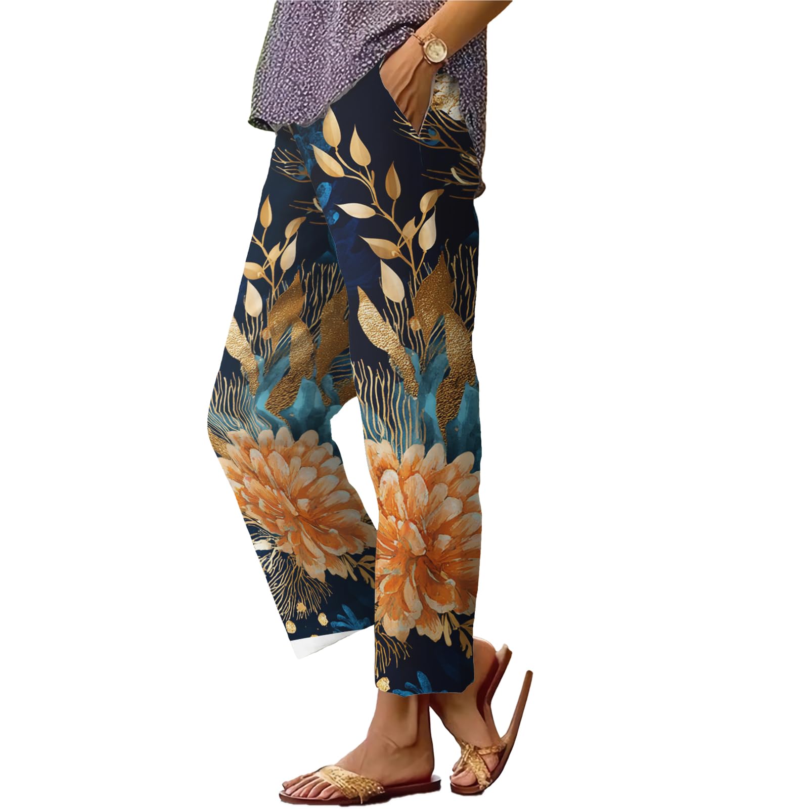 Women Floral Graphic Pants Casual Summer Beach Pant Lightweight Comfy Straight Legs Trousers Elastic Waisted Daily