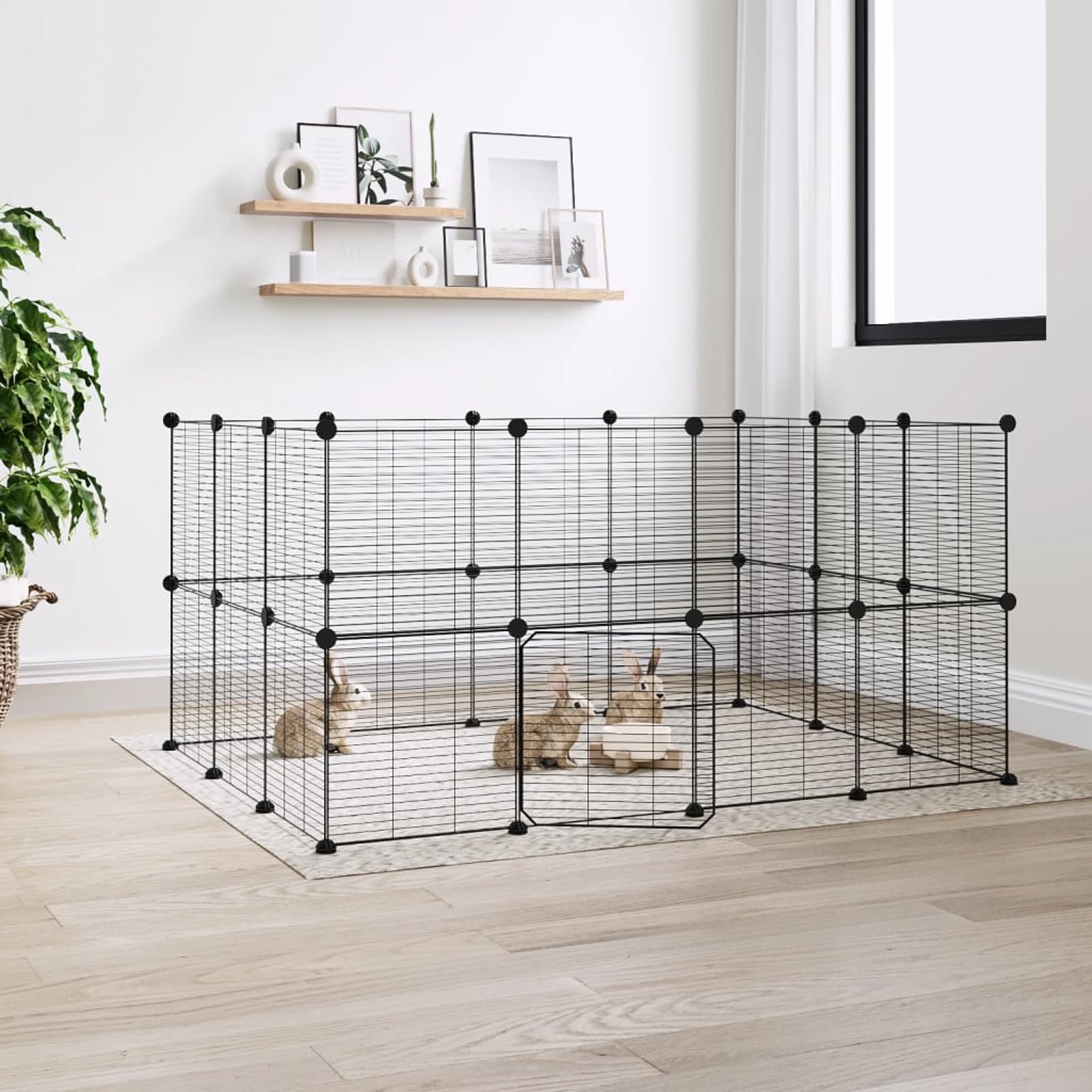 Gecheer Rabbit Run,Puppy Pen Wire Mesh Cages DIY Puppy Cages 28-Panel Pet Cage with Door Black 35x35 cm Steel for Puppy,Rabbit,Kitten,Hamster,Guinea Pig,Turtle,Hedgehog 1.5 cm Grid height