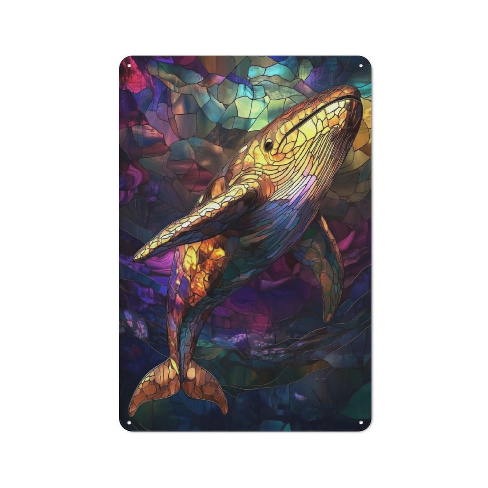 Junmoney Stained Glass Whale Tin Wall Plaque 30X20cm With For Café Or Home Bar, New-Space Wall Decor For Hospitality Decor Collectors