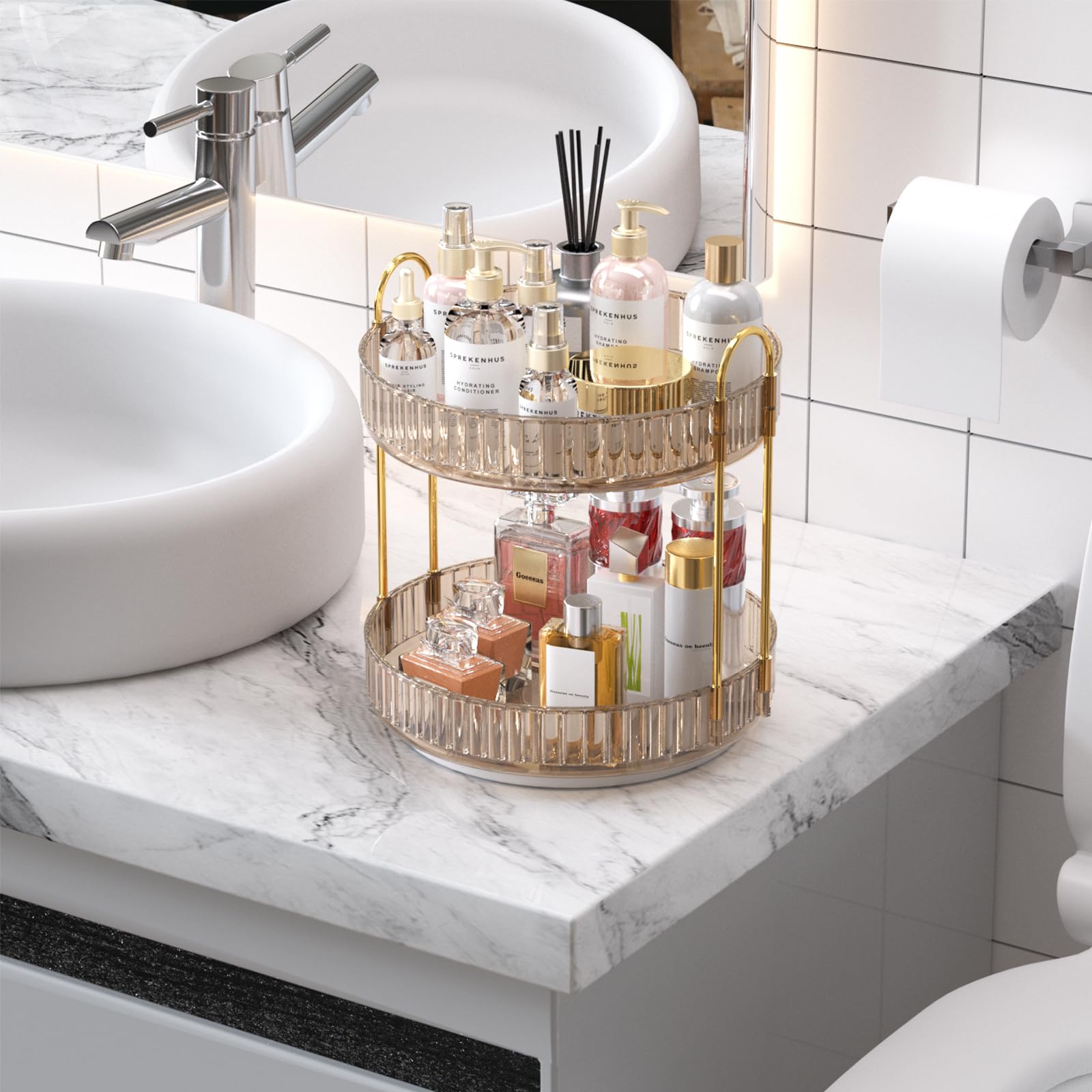 MOACC Make Up Kosmetik Organizer, 360° Drehbar Aufbewahrung, Schmink Organizers für Dresser Schminktisch Skincare Aufbewahrungssystem, 2 Schichten, Bernstein