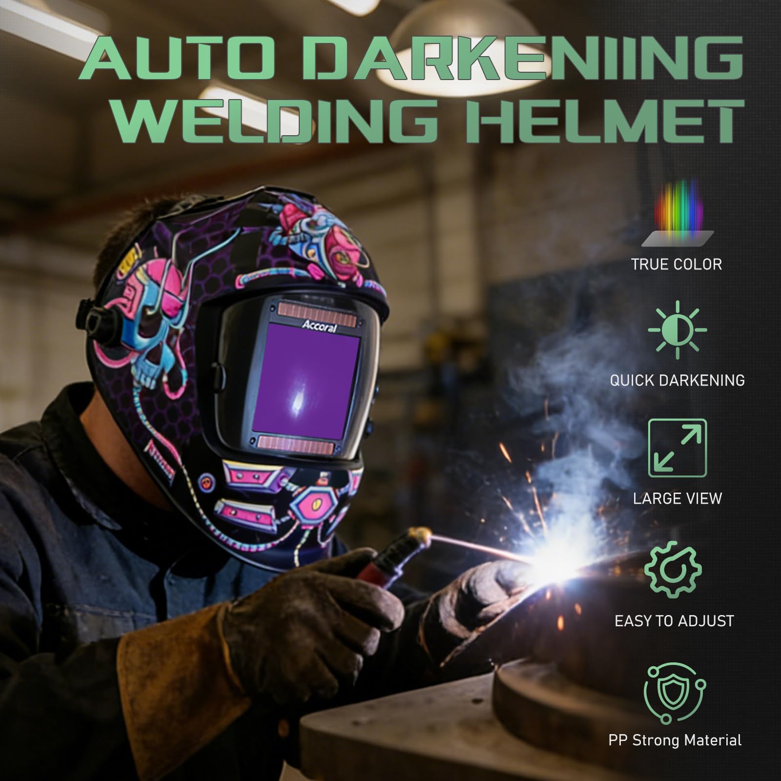 Casco de soldadura de lente hemisférica de visión grande de 3.94 x 3.65 pulgadas, máscara de campana de soldadura de oscurecimiento automático de color verdadero 1/1/1/1, 4 sensores de arco