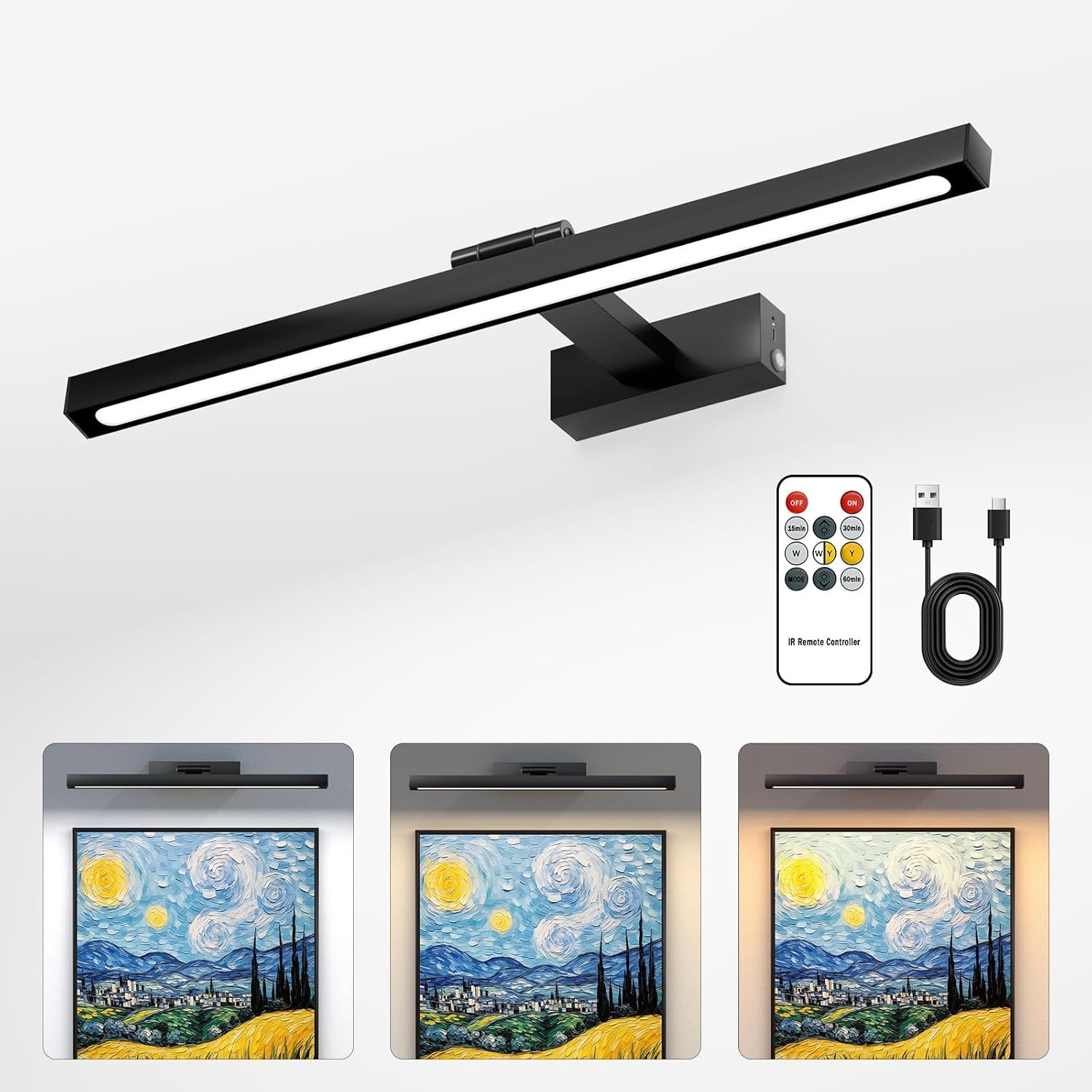 Picture Light, Rechargeable Battery Operated Lights with Remote, 15.74 Inch Wireless Art Light on Wall, 3 Colors Dimmable Timer for Library Decor, Photo Lights, Poster Light, Gallery Display(Black)