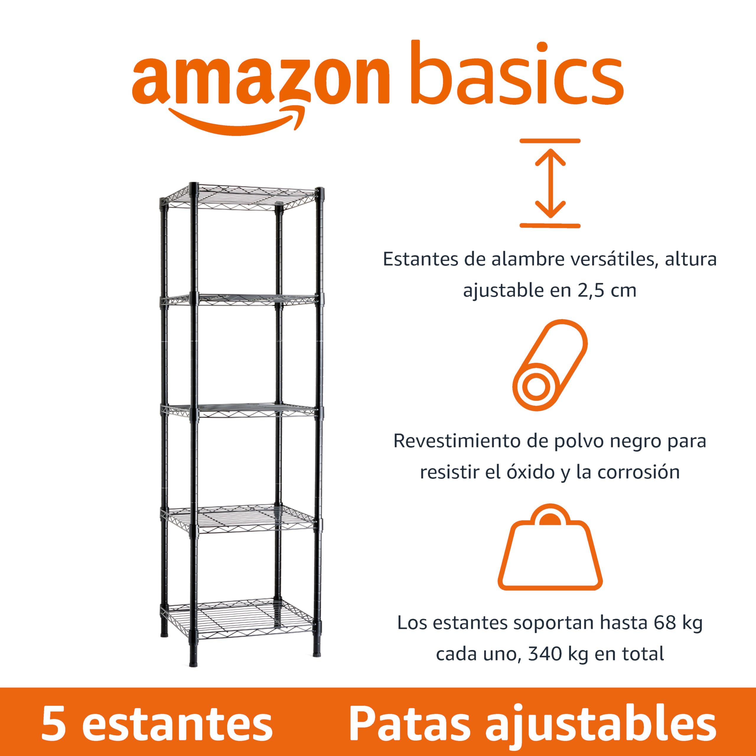 Amazon Basics Estantería ajustable con 5 baldas, Negro, 40.6 cm x 40.6 cm x 137 cm (profundidad x ancho x alto)