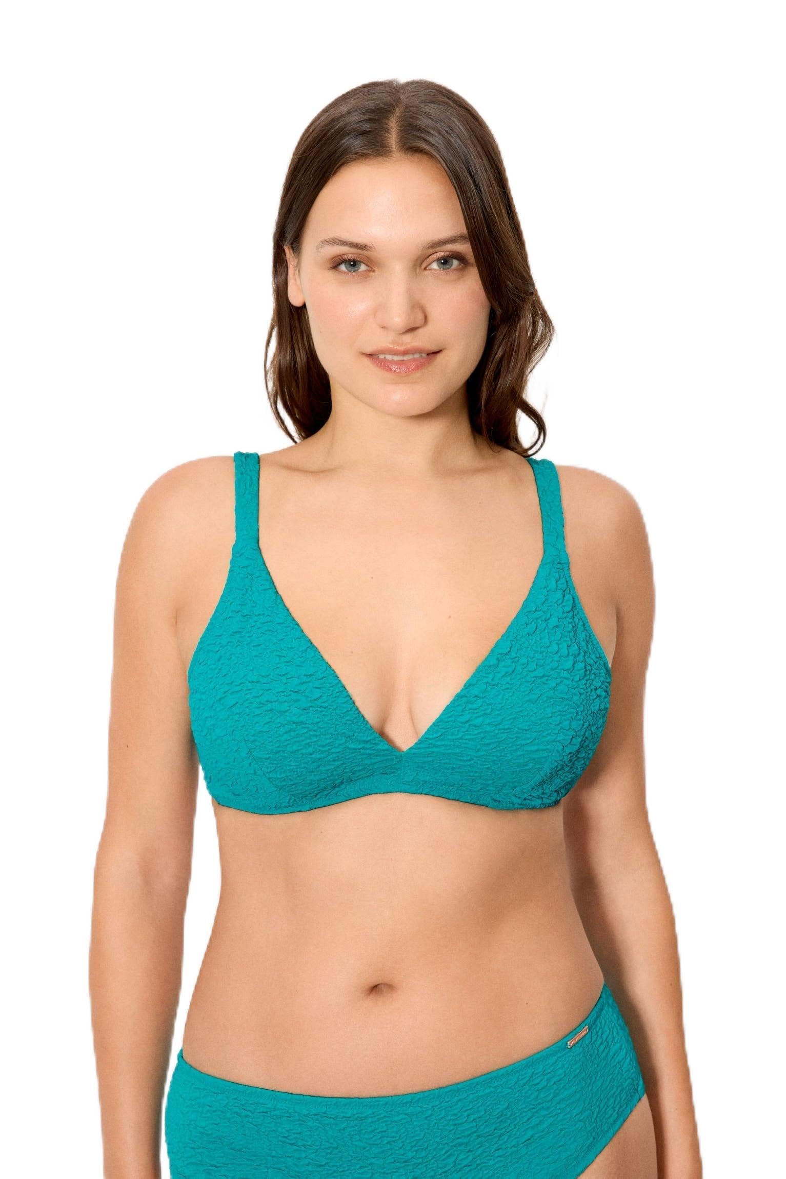 YSABEL MORA. Top Bikini Reductor Copa D. Diseño Clásico con Aro Sin Relleno. Tejido Crinkle con Efecto Arrugado. Reducción Natural del Volumen del Pecho .Colección Seasalt.