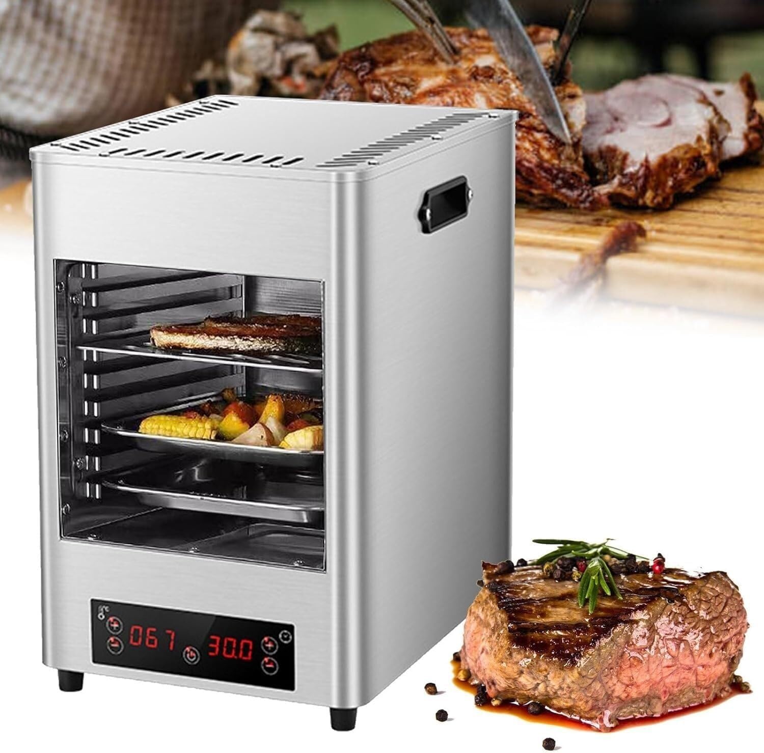 Indoor Electric Steak Broiler, Portable Countertop Oven with Timing and Temperature Adjustment, Meat Seafood Veggies Grill