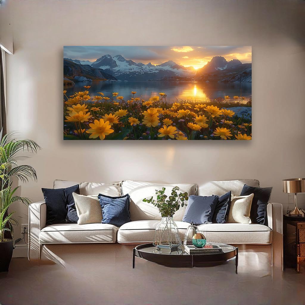 LKY ART Mountain Lake Sunset Wall Art Snow-Capped Peaks with Yellow Wildflowers Picture Wall Decor for Living Room Nature Landscape Canvas Prints Poster Artwork Home Decoration