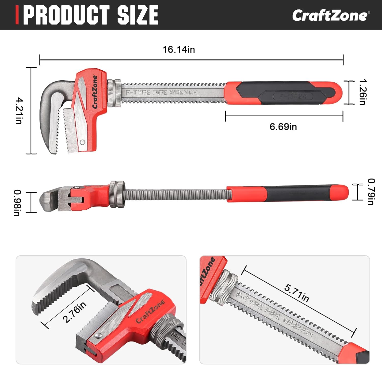 F-Type Pipe Wrench with Adjustable Large Opening Up to 130mm, Heavy Duty Steel Plumbing Tool with Drop Forged Jaw for Pipe Work and Comfortable Use