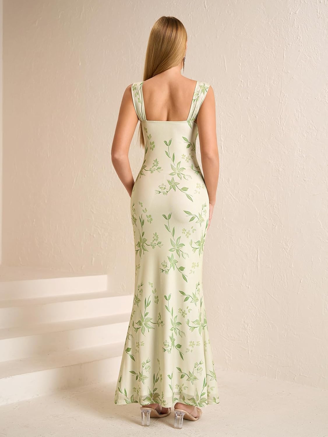 EYNMIN Women's Summer Floral Maxi Dress Square Neck Sleeveless Mesh Bodycon Long Wedding Guest Dresses - Image 4