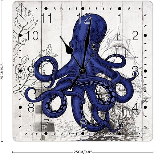 Miniatura 2 de Reloj de pared de madera con diseño de pulpo oceánico y temática de playa, reloj de madera silenciosa, decoración del océano, reloj de pared de