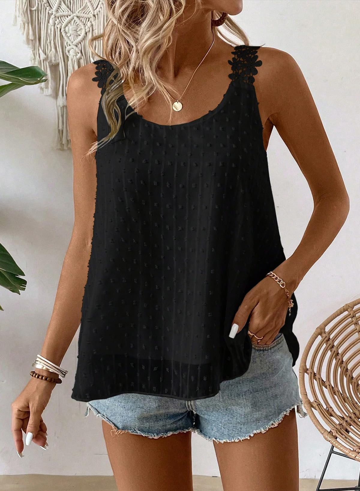 Canotta Donna Estiva Elegante Senza Maniche Girocollo Boho Camicia Casual Volant Abbigliamento Pizzo Floreale Canotte