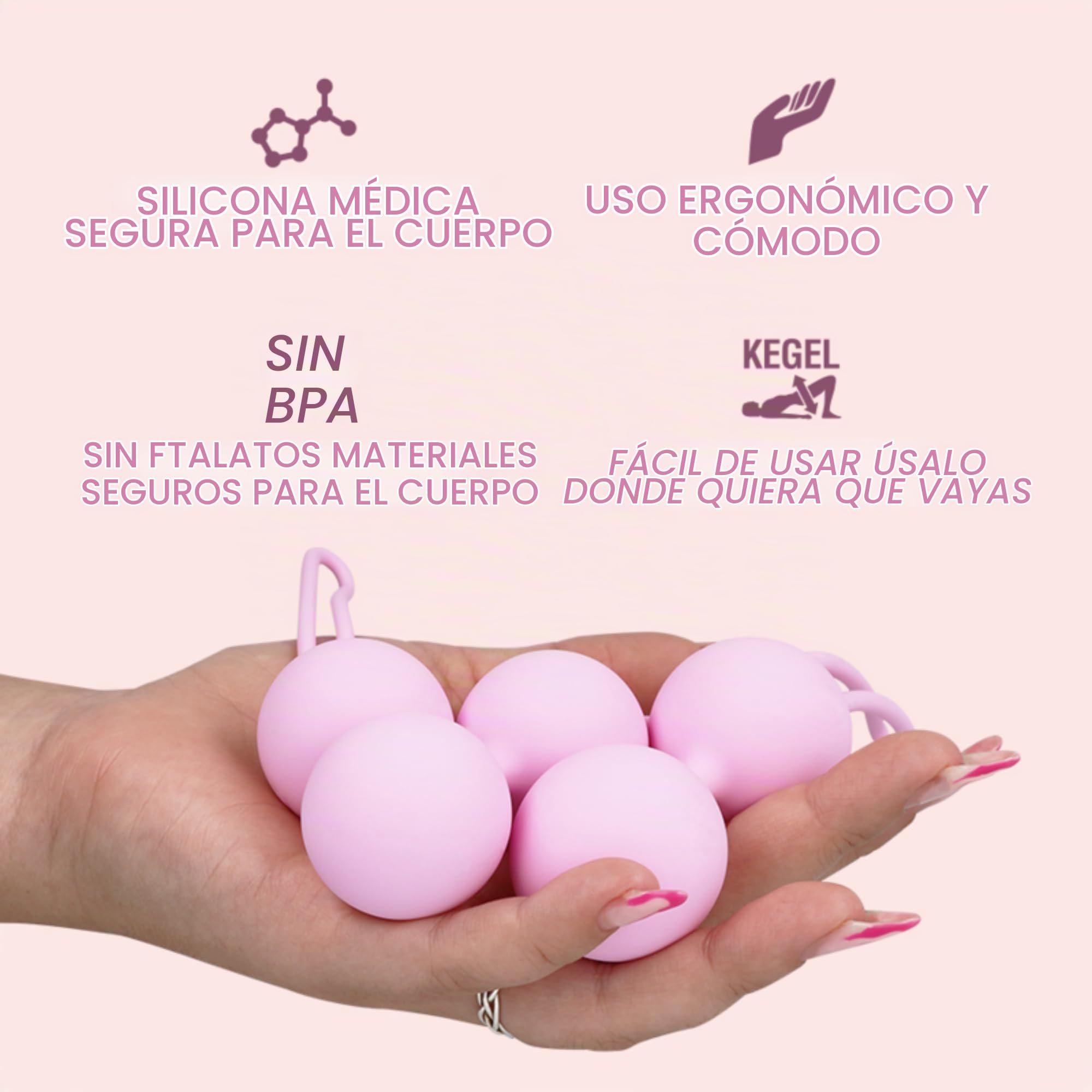 Set de 3 Entrenadores Vaginales para Ejercicios de Kegel Bola Pélvicas Silicona Médica Hipoalergénica Refuerza el Suelo Pélvico Con Bolsita Satén Suelo Pélvico para Mujeres, Rosa