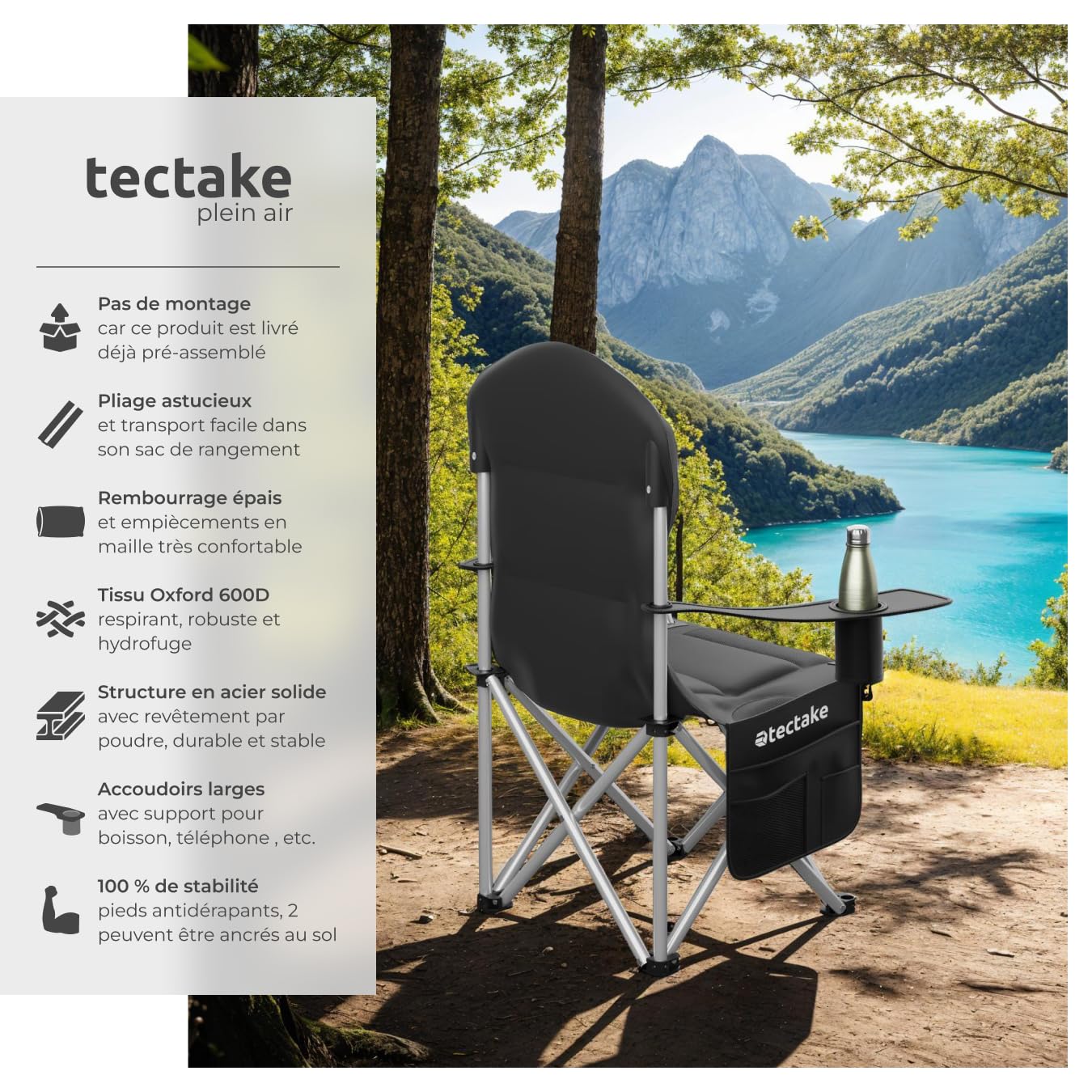 tectake® Lot de 2 Chaise Pliante Camping Fauteuil Pliable Ultra léger Rembourrage en Mousse avec Porte Gobelet & Sac de Transport, idéal Chaise Camping Voyages, Pêche, Festival, Plage