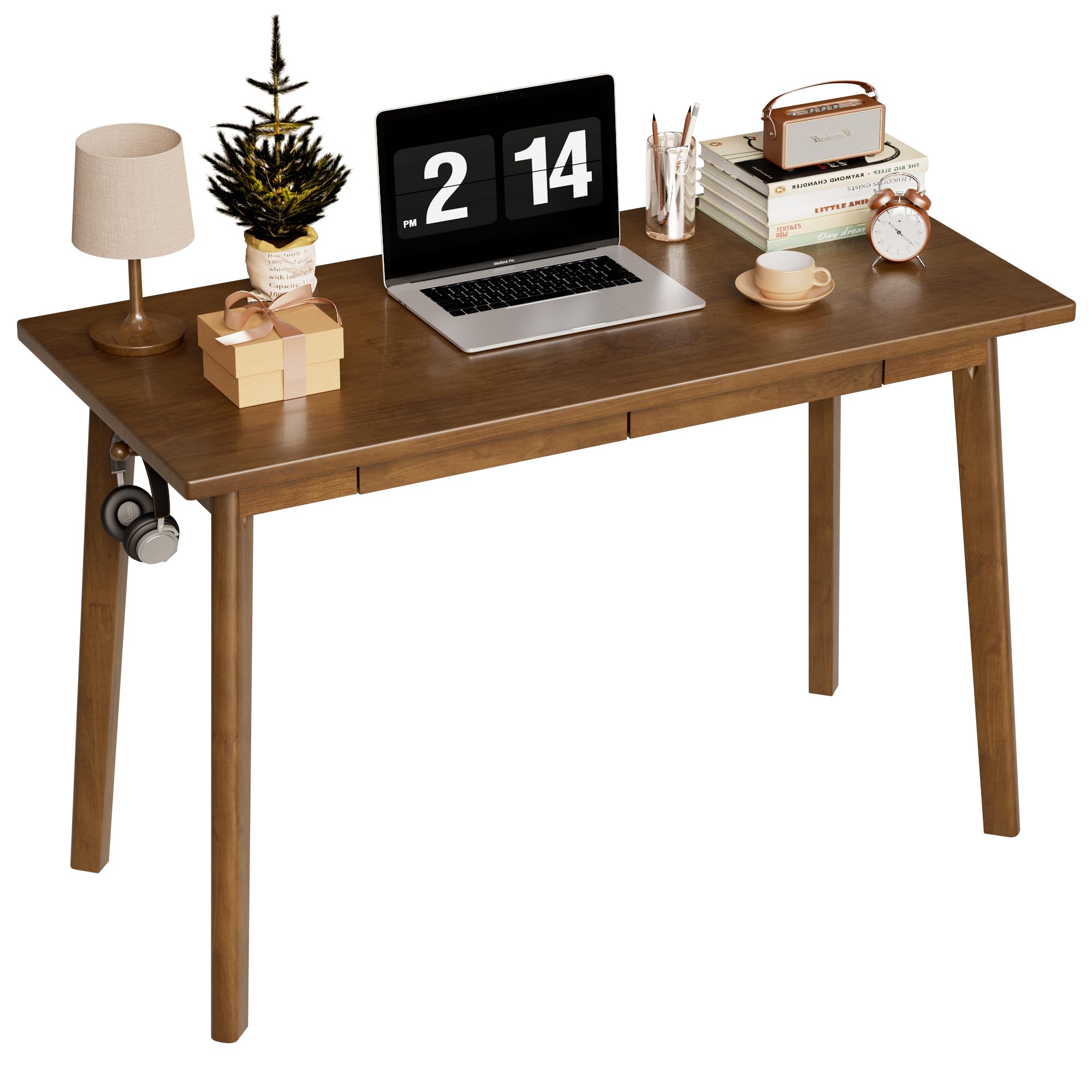 ENPKLUTE Solid Wood Desk with Drawers - 48 Inch Mid Century Modern Desk, Vintage Desks with 2 Hooks, Simple Writing Study Table, Mid Century Desks for