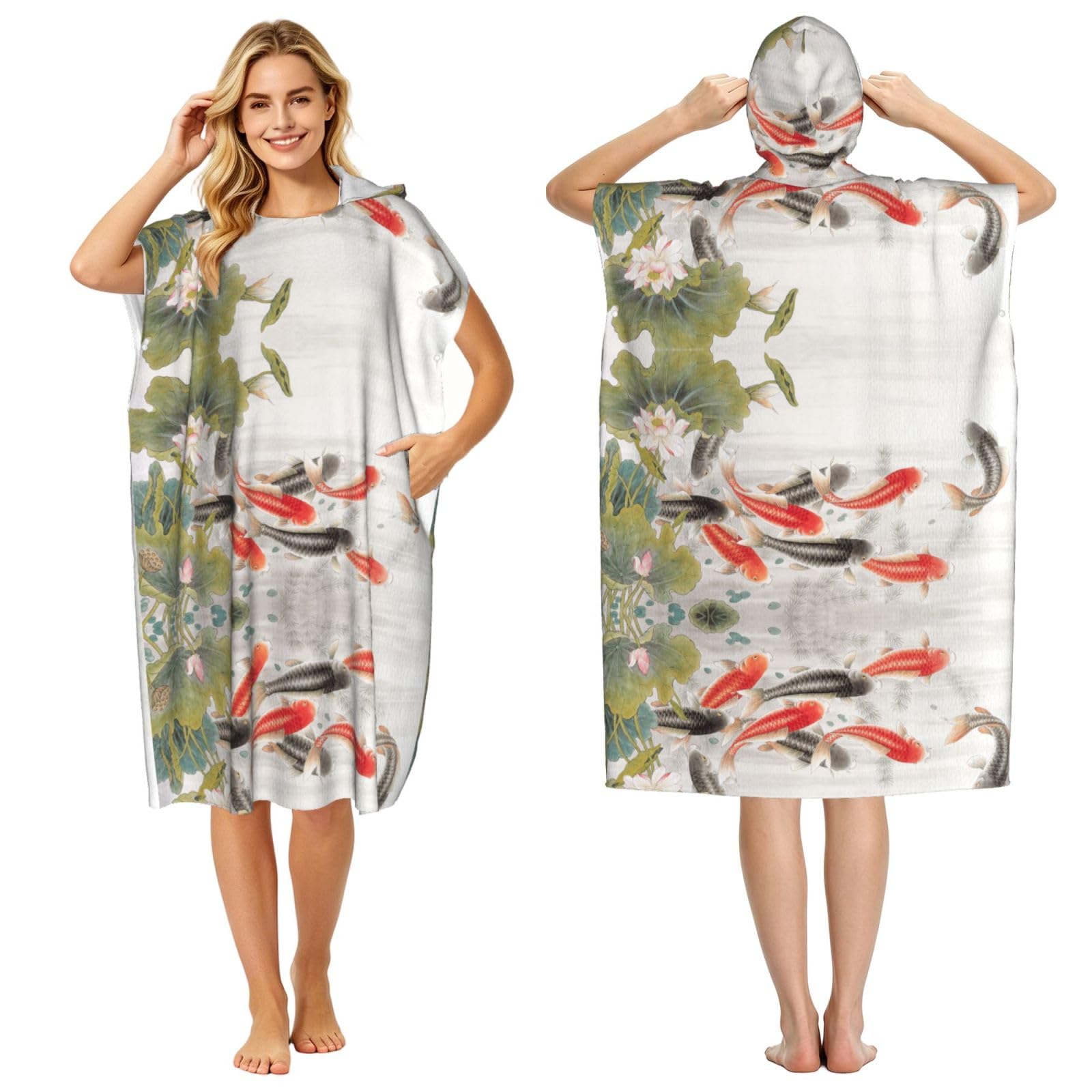 Poncho à capuche pour piscine et plage imprimé carpe rouge vêtement de bain adulte