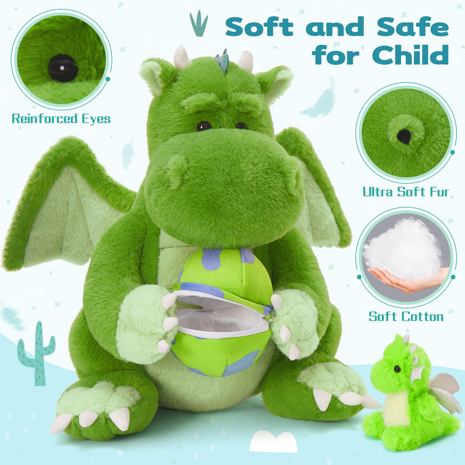 KERTA 3-in-1 Large Dragon Stuffed Animal, 20 Inch Big Stuffed Dragon Plush with Baby and Egg Toy for Girls Boys, Cuddle Hugging Dino Plush Gift for Birthday Christmas 8
