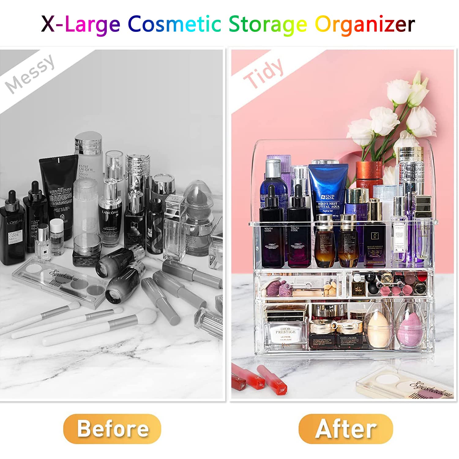 Organizador de almacenamiento de cosméticos, gran acrílico transparente con cajones, baño, tocador (transparente-XL)