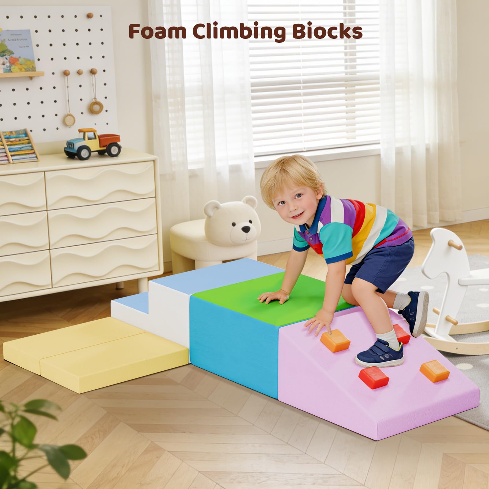 Schaumstoff Bausteine XXL Bunt, Indoor Klettergerüst für Kleinkinder ab 1 Jahr, Weiche Softblöcke mit Kletterfelsen, Motorikspielzeug Abenteuer Hindernisparcours aus hochwertigem Schaumstoff