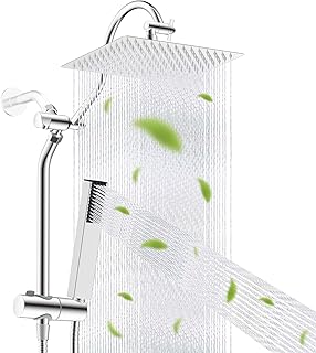 Hibbent cUPC Certified High Pressure 12'' Rainfall Shower Head, Showerhead Combo with 4-mode Handheld Spray, 12'' Adjustable Extension Arm, Extension Bar, Easy Reach Holder, 71'' Hose, Chrome