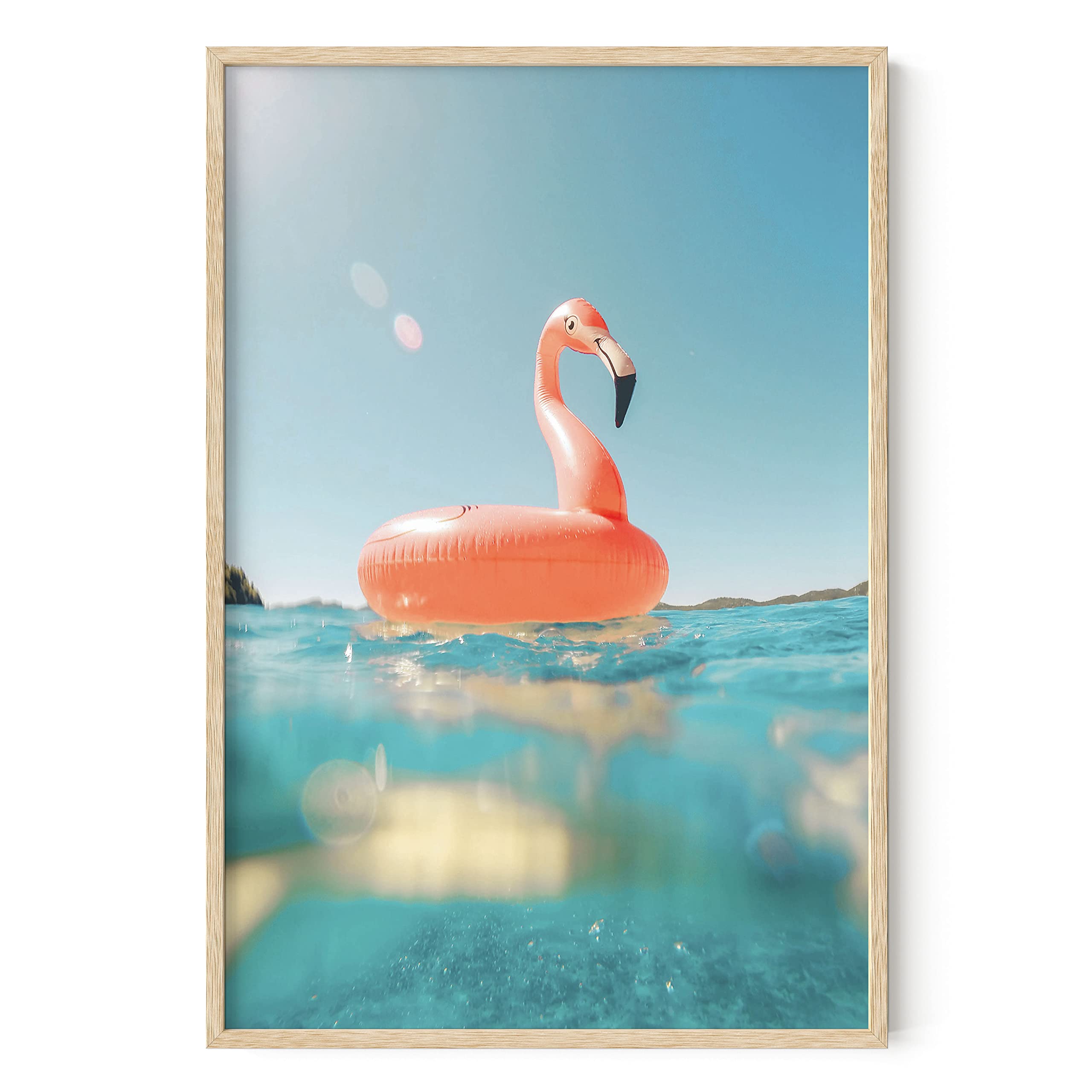 HAUS AND HUES Flamingo Wall Art – Tropical Flamingo Poster, Coastal Beach Print, Peach Pink Art for Bathroom or Bedroom (Beige Frame, 24x36)