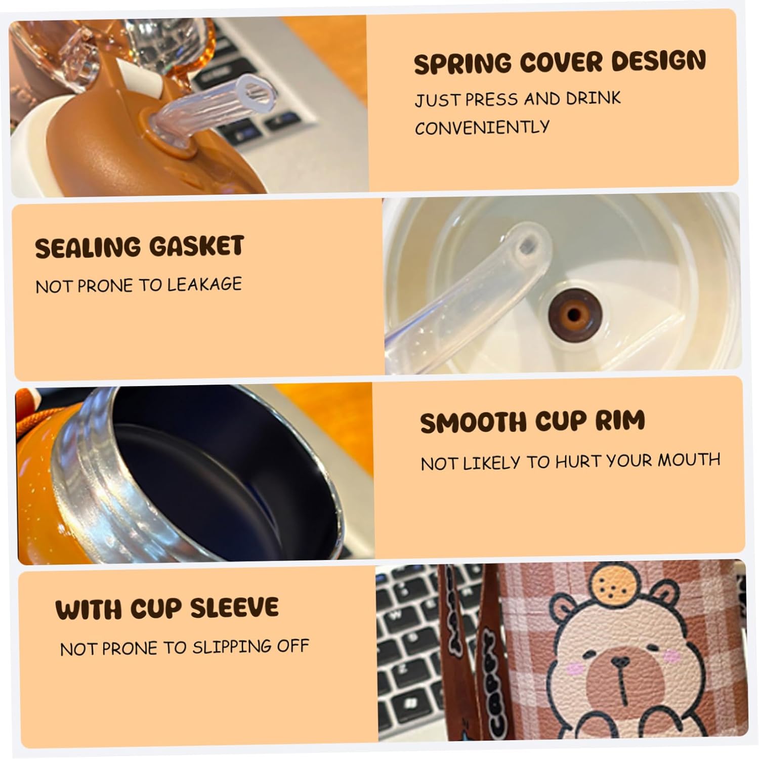 Capybara Water Bottle with Lid & Straw 520ml Stainless Steel Cute Water Bottle Portable Drinking Cup with Cup Sleeve and Strap for Office School Travel Girls