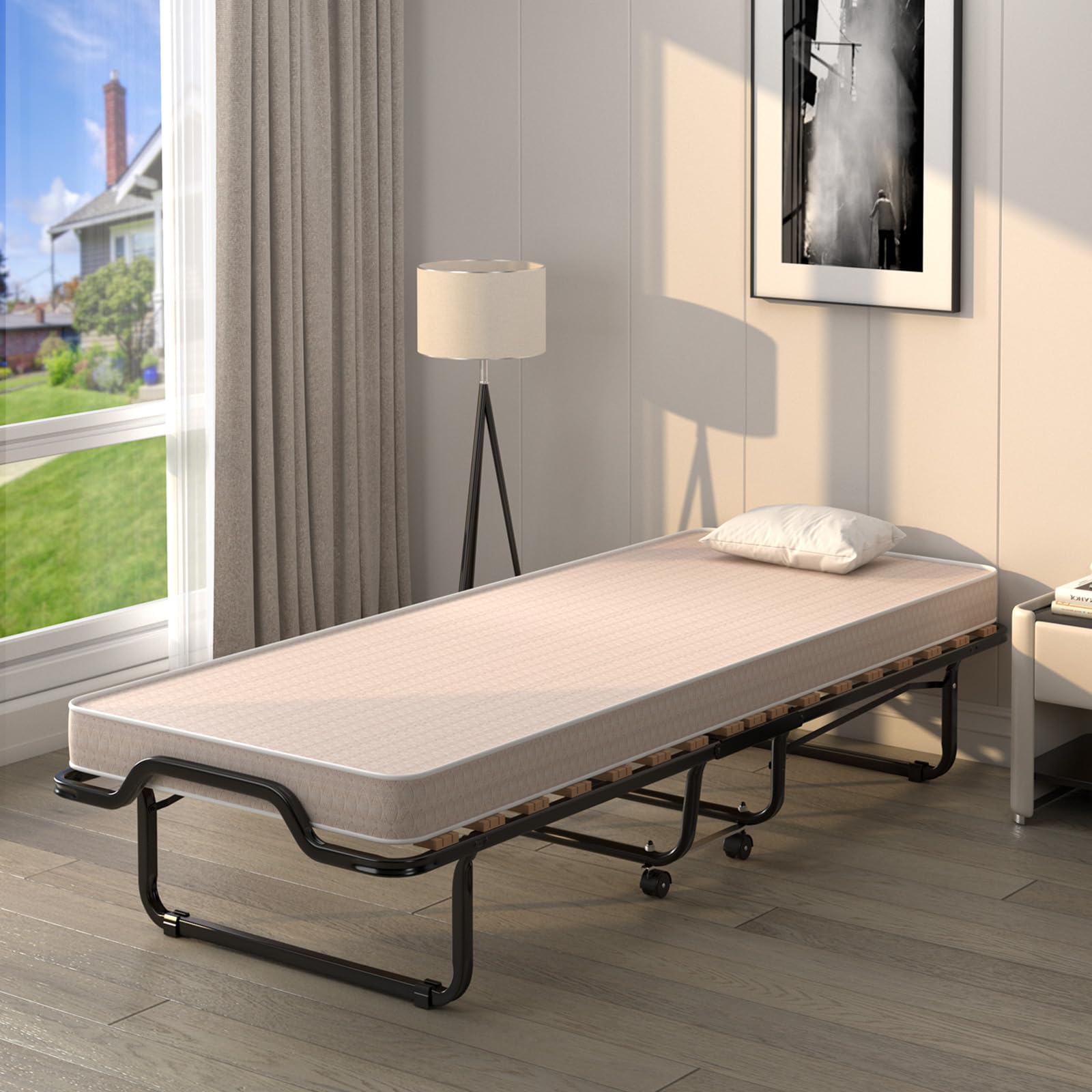 COSTWAY Gästebett klappbar 90x200 cm, Klappbett Erwachsene mit Matratze aus Rückstellschaum, Einzelbett mit 4 Rollen & Stabiler Metallrahmen, Reisebett für Camping & Gästezimmer (Beige)