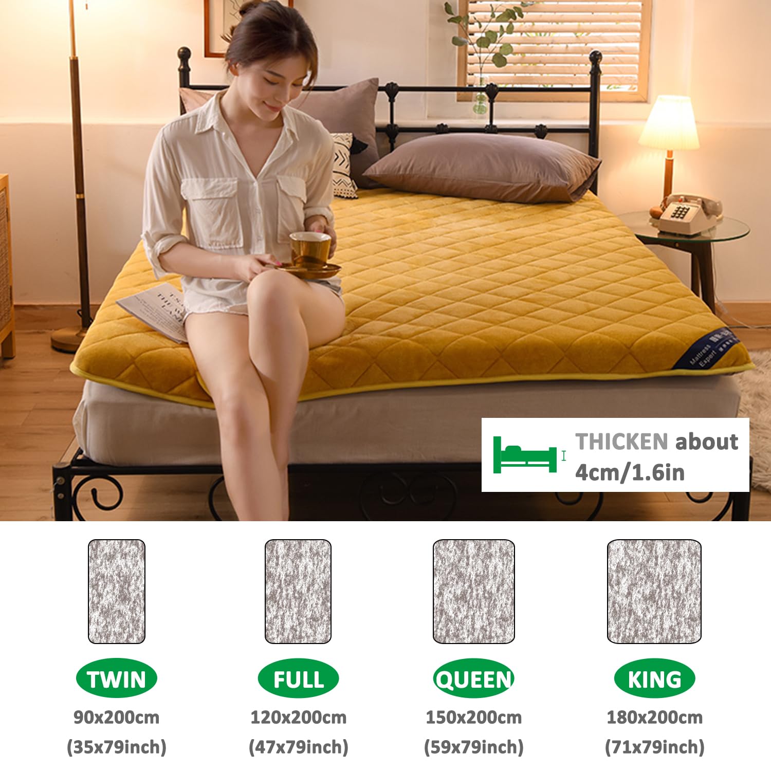 Materasso futon giapponese, coprimaterasso trapuntato, arrotolabile, tappetino per tatami per ospiti, shikibuton, giallo, 90 x 190 cm