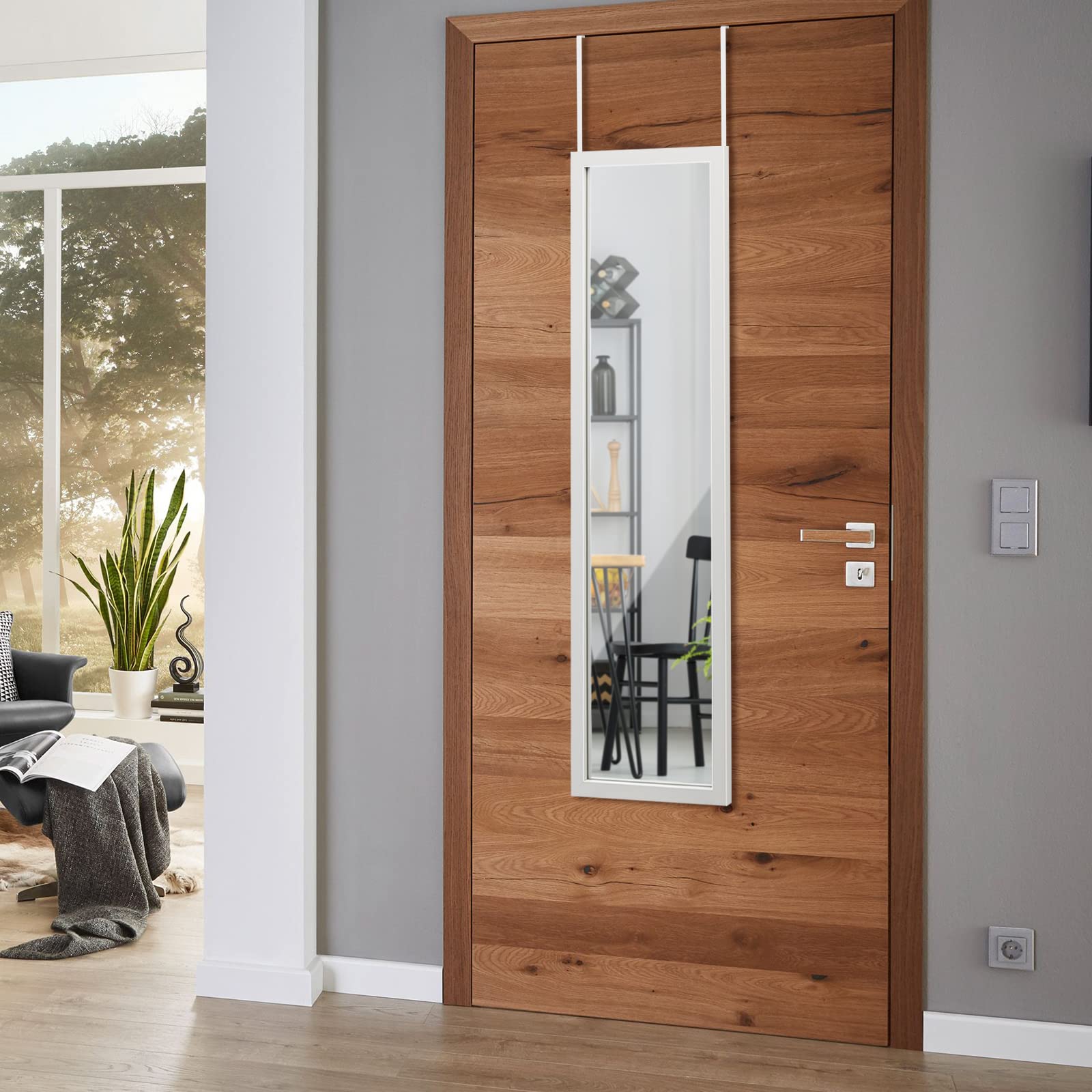 GYMAX Specchio da Parete a Figura, 119 x 33 cm, con Ganci Antiruggine e Adesivi, Specchio Verticale da Porta Antinfortunistico per Camera da Letto Soggiorno Spogliatoio (Bianco)