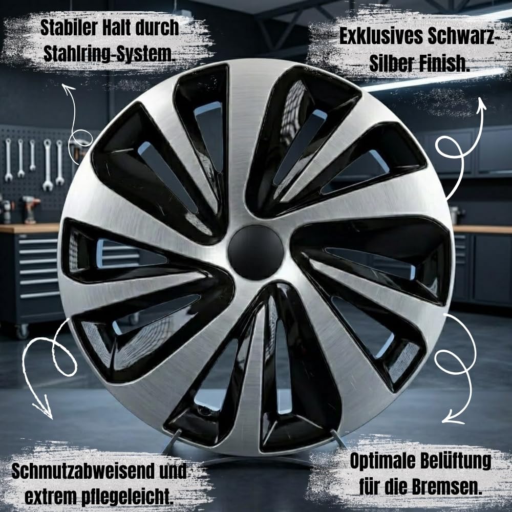 Radkappen 16 Zoll im Set (4 Stück) – Radzierblenden 16 Zoll in edlem Grau Schwarz – Universal Radkappen für Stahlfelgen – mit stabilen Stahlring-System & optimaler Bremsen-Belüftung
