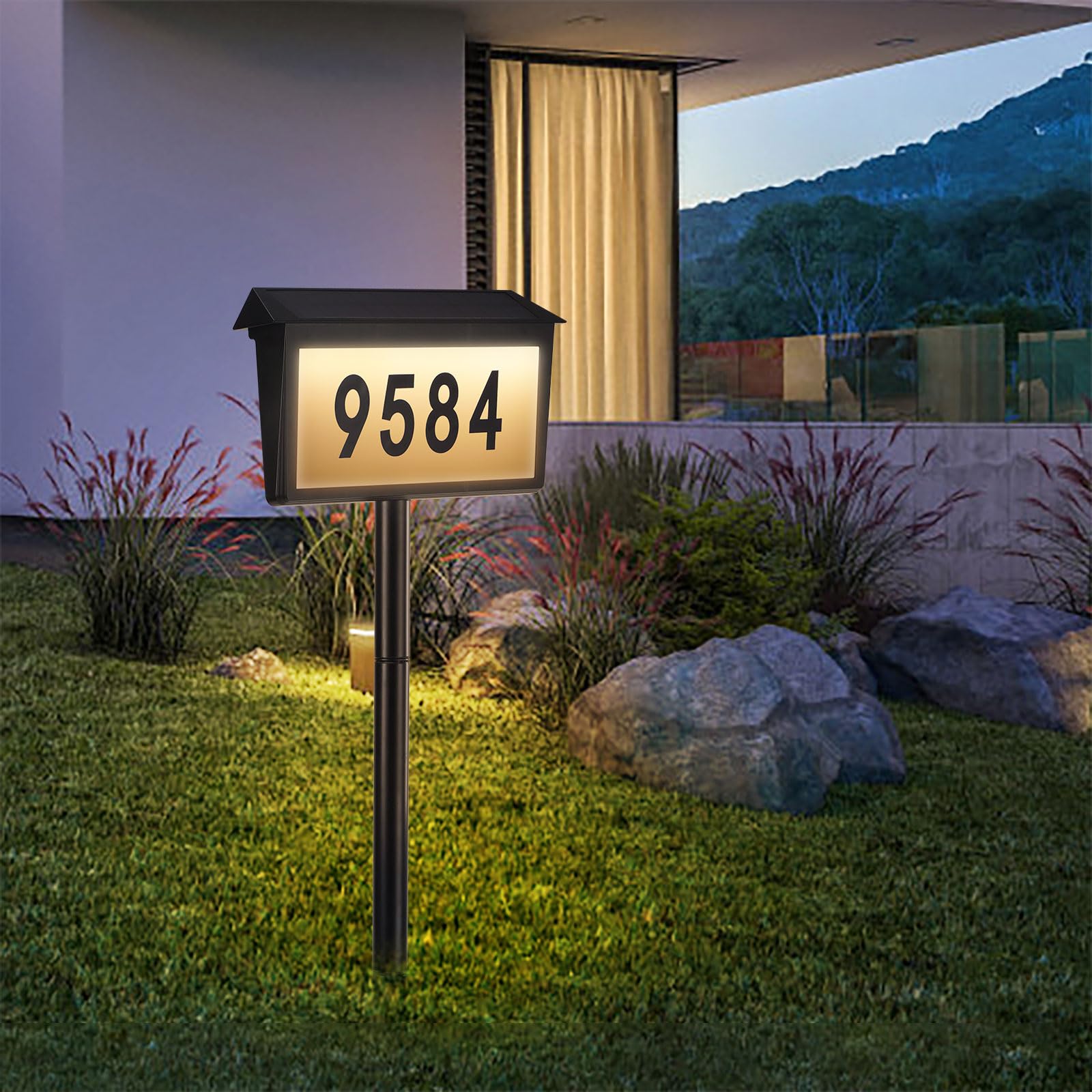 Solar-Hausnummern, Adressschild, Solar-Adressschild für draußen, IP65 wasserdicht, 3 Farben, Temperaturen, LED-beleuchtete Hausnummern, Wandmontage und Boden-Adressnummern für Haus