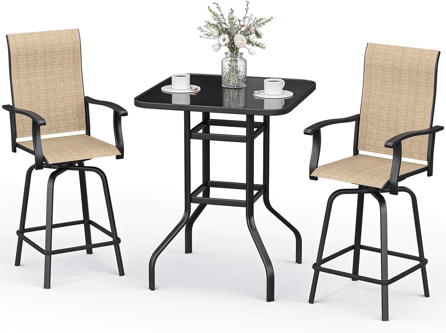 BUPPLEE 3-Piece Patio Bar Set with Textilene Swivel Bar Stools, All-Weather Bar Height Tempered Glass Table and Chairs for Lawn, Garden, Balcony, Deck, Backyard, Rustproof Frame